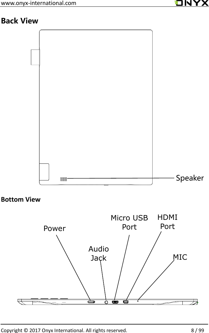  www.onyx-international.com                                                                                                                                                                                                  Copyright &copy;  2017 Onyx International. All rights reserved.                8 / 99 Back View          Bottom View                Speaker Power Audio Jack  Micro USB Port  HDMI   Port MIC 