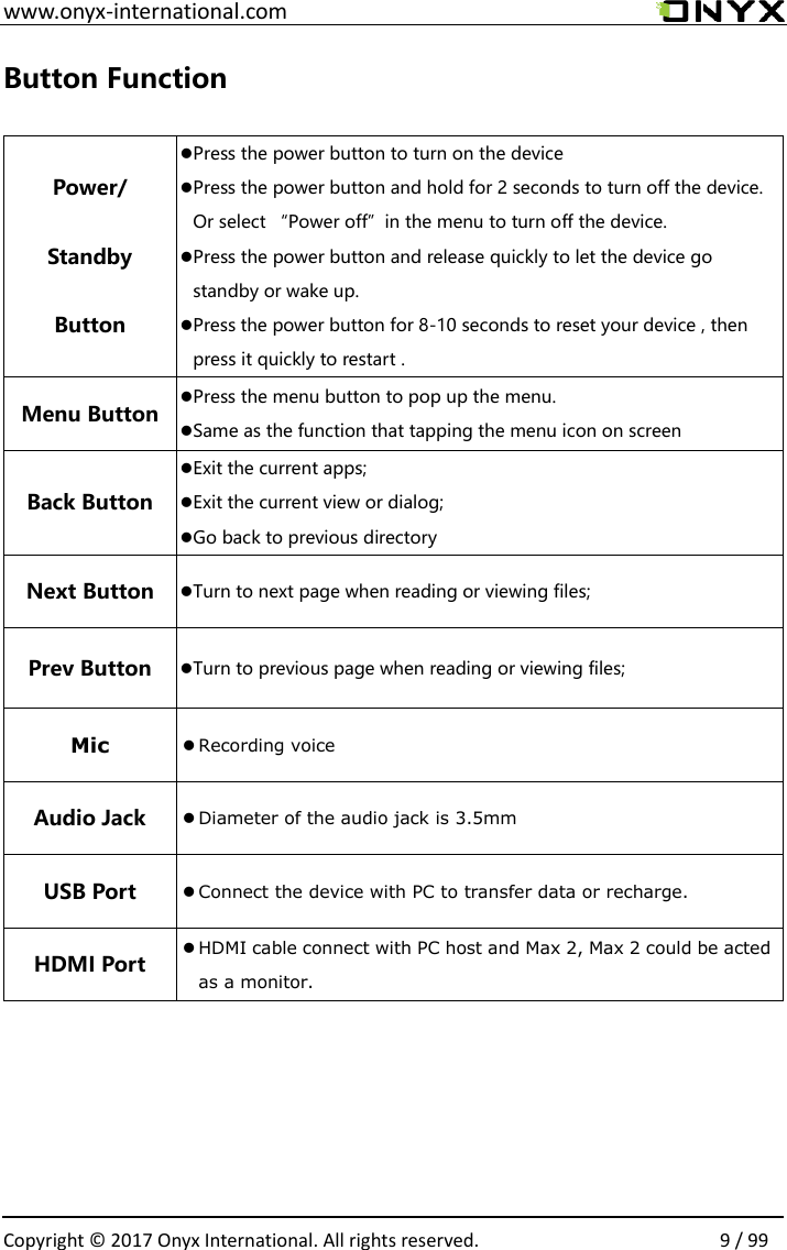  www.onyx-international.com                                                                                                                                                                                                  Copyright &copy;  2017 Onyx International. All rights reserved.                9 / 99 Button Function  Power/ Standby Button Press the power button to turn on the device Press the power button and hold for 2 seconds to turn off the device. Or select &ldquo;Power off&rdquo;in the menu to turn off the device. Press the power button and release quickly to let the device go standby or wake up. Press the power button for 8-10 seconds to reset your device , then press it quickly to restart . Menu Button Press the menu button to pop up the menu. Same as the function that tapping the menu icon on screen Back Button Exit the current apps; Exit the current view or dialog; Go back to previous directory Next Button Turn to next page when reading or viewing files; Prev Button Turn to previous page when reading or viewing files; Mic  Recording voice Audio Jack  Diameter of the audio jack is 3.5mm USB Port  Connect the device with PC to transfer data or recharge. HDMI Port  HDMI cable connect with PC host and Max 2, Max 2 could be acted as a monitor.    