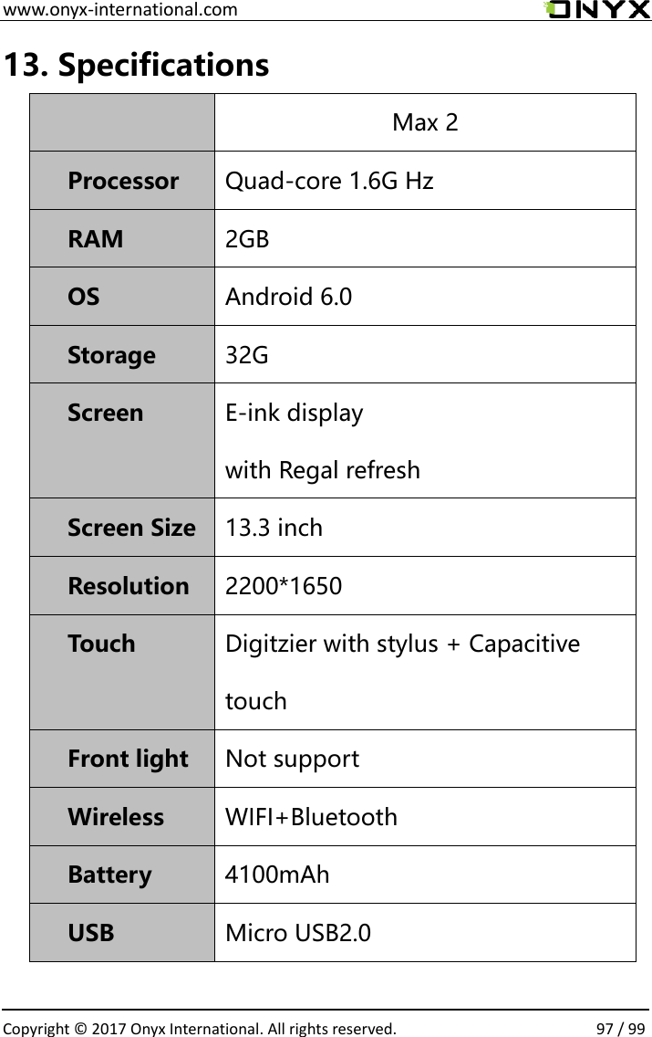  www.onyx-international.com                                                                                                                                                                                                  Copyright &copy;  2017 Onyx International. All rights reserved.                97 / 99 13. Specifications  Max 2 Processor Quad-core 1.6G Hz RAM 2GB OS Android 6.0 Storage 32G Screen E-ink display with Regal refresh Screen Size 13.3 inch Resolution 2200*1650 Touch Digitzier with stylus + Capacitive touch Front light Not support Wireless WIFI+Bluetooth Battery 4100mAh USB Micro USB2.0 