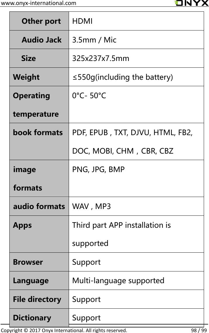  www.onyx-international.com                                                                                                                                                                                                  Copyright &copy;  2017 Onyx International. All rights reserved.                98 / 99 Other port HDMI Audio Jack 3.5mm / Mic Size 325x237x7.5mm Weight &le;550g(including the battery) Operating temperature 0&deg;C- 50&deg;C book formats PDF, EPUB , TXT, DJVU, HTML, FB2, DOC, MOBI, CHM，CBR, CBZ image formats PNG, JPG, BMP audio formats WAV , MP3 Apps Third part APP installation is supported Browser Support Language Multi-language supported File directory Support Dictionary Support 