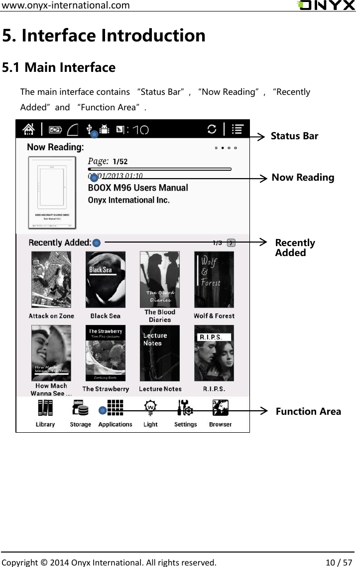  www.onyx-international.com                                                                                                                                                                                                  Copyright &copy;  2014 Onyx International. All rights reserved.                10 / 57 5. Interface Introduction 5.1 Main Interface The main interface contains &ldquo;Status Bar&rdquo;, &ldquo;Now Reading&rdquo;, &ldquo;Recently Added&rdquo;and &ldquo;Function Area&rdquo;.                                            Status Bar Now Reading Recently Added Function Area 