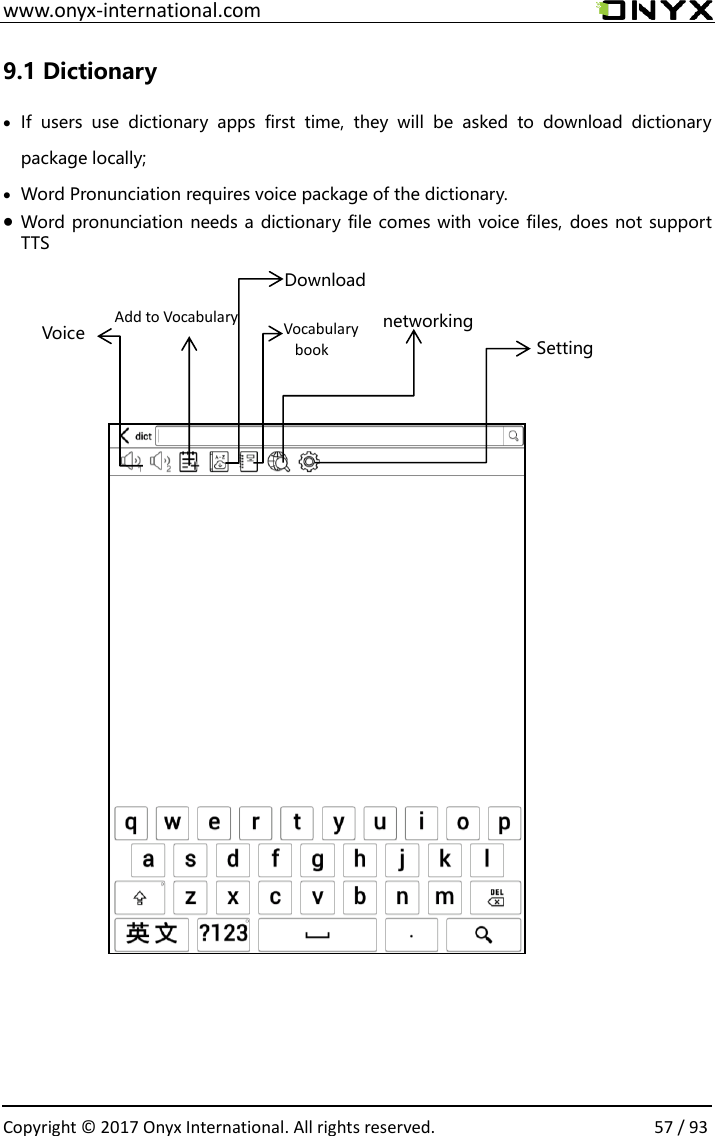  www.onyx-international.com                                                                                                                                                                                                  Copyright &copy; 2017 Onyx International. All rights reserved.                57 / 93 9.1 Dictionary &bull; If  users  use  dictionary  apps  first  time,  they  will  be  asked  to  download  dictionary package locally; &bull; Word Pronunciation requires voice package of the dictionary.   &bull; Word pronunciation needs a dictionary file comes with voice files, does not support TTS                                           networking Download Add to Vocabulary Voice  Setting Vocabulary book 