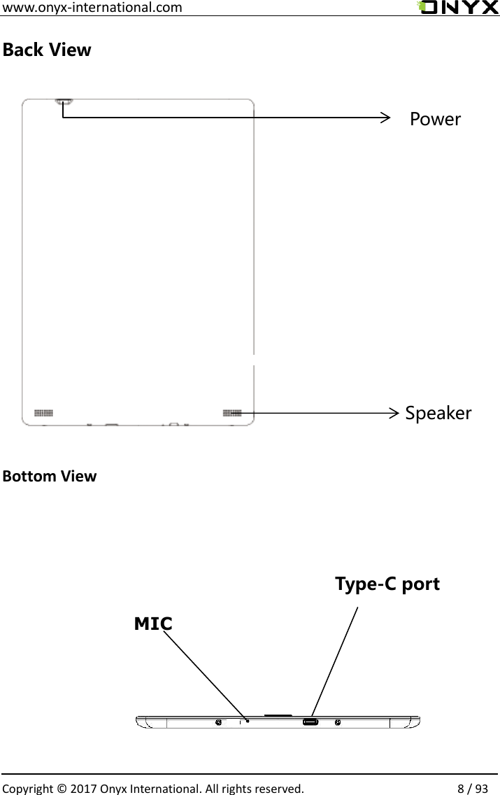  www.onyx-international.com                                                                                                                                                                                                  Copyright &copy; 2017 Onyx International. All rights reserved.                8 / 93 Back View          Bottom View                Speaker Power Type-C port MIC 