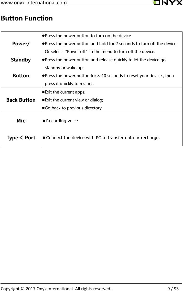  www.onyx-international.com                                                                                                                                                                                                  Copyright &copy; 2017 Onyx International. All rights reserved.                9 / 93 Button Function  Power/ Standby Button Press the power button to turn on the device Press the power button and hold for 2 seconds to turn off the device. Or select &ldquo;Power off&rdquo;in the menu to turn off the device. Press the power button and release quickly to let the device go standby or wake up. Press the power button for 8-10 seconds to reset your device , then press it quickly to restart . Back Button Exit the current apps; Exit the current view or dialog; Go back to previous directory Mic  Recording voice Type-C Port  Connect the device with PC to transfer data or recharge.                         