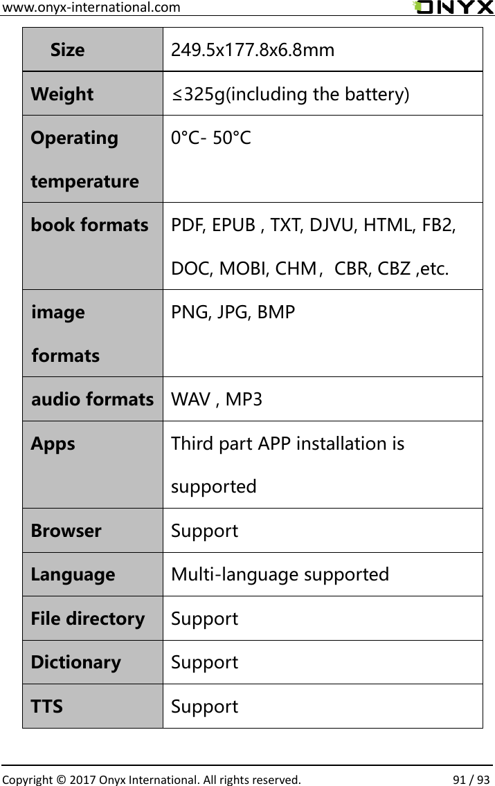  www.onyx-international.com                                                                                                                                                                                                  Copyright &copy; 2017 Onyx International. All rights reserved.                91 / 93 Size  249.5x177.8x6.8mm Weight  &le;325g(including the battery) Operating temperature 0&deg;C- 50&deg;C book formats  PDF, EPUB , TXT, DJVU, HTML, FB2, DOC, MOBI, CHM，CBR, CBZ ,etc. image formats PNG, JPG, BMP audio formats  WAV , MP3 Apps  Third part APP installation is supported Browser  Support Language  Multi-language supported File directory  Support Dictionary  Support TTS  Support 