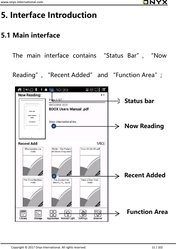 www.onyx-international.com                                                                                                                                                                                                                               Copyright &copy;  2017 Onyx International. All rights reserved.                             11 / 102 5. Interface Introduction 5.1 Main interface The  main  interface  contains  &ldquo;Status  Bar&rdquo;,  &ldquo;Now Reading&rdquo;, &ldquo;Recent Added&rdquo; and &ldquo;Function Area&rdquo;;                                                                          Status bar Now Reading Recent Added Function Area 