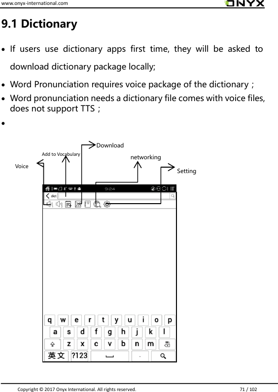 www.onyx-international.com                                                                                                                                                                                                                               Copyright &copy;  2017 Onyx International. All rights reserved.                             71 / 102 9.1 Dictionary  If  users  use  dictionary  apps  first  time,  they  will  be  asked  to download dictionary package locally;  Word Pronunciation requires voice package of the dictionary；    Word pronunciation needs a dictionary file comes with voice files, does not support TTS；                             networking Download Add to Vocabulary Voice Setting 
