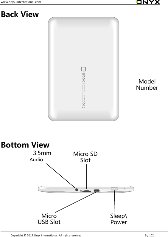 www.onyx-international.com                                                                                                                                                                                                                               Copyright &copy;  2017 Onyx International. All rights reserved.                             9 / 102 Back View       Bottom View     Model Number 3.5mm Audio Jack Micro USB Slot Sleep\ Power Micro SD Slot  
