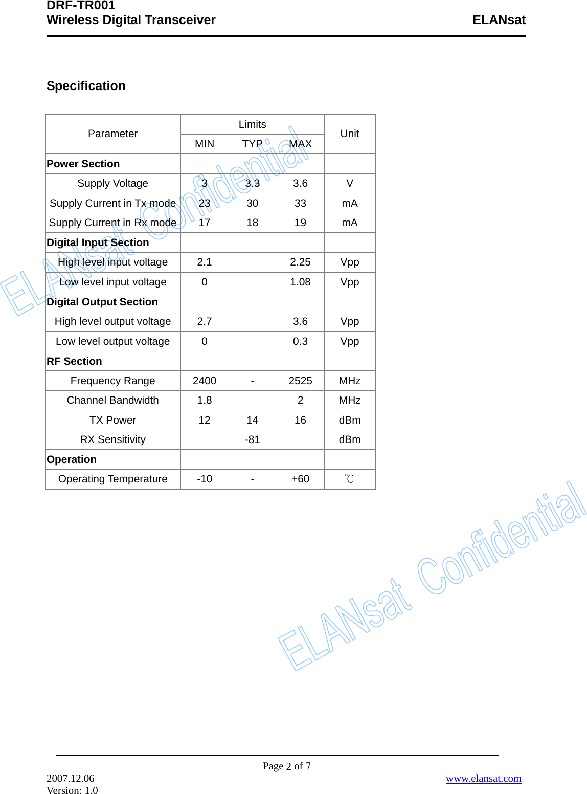 DRF-TR001    Wireless Digital Transceiver    ELANsat              Page  of 7 2007.12.06                                                                  www.elansat.com Version: 1.0 2 Specification  Limits Parameter  MIN TYP MAX Unit Power Section      Supply Voltage  3  3.3  3.6  V Supply Current in Tx mode  23  30  33  mA Supply Current in Rx mode  17  18  19  mA Digital Input Section      High level input voltage  2.1    2.25  Vpp Low level input voltage  0    1.08  Vpp Digital Output Section      High level output voltage  2.7    3.6  Vpp Low level output voltage  0    0.3  Vpp RF Section      Frequency Range  2400 - 2525 MHz Channel Bandwidth  1.8    2  MHz TX Power  12 14 16 dBm RX Sensitivity   -81  dBm Operation      Operating Temperature  -10  -  +60  ℃       