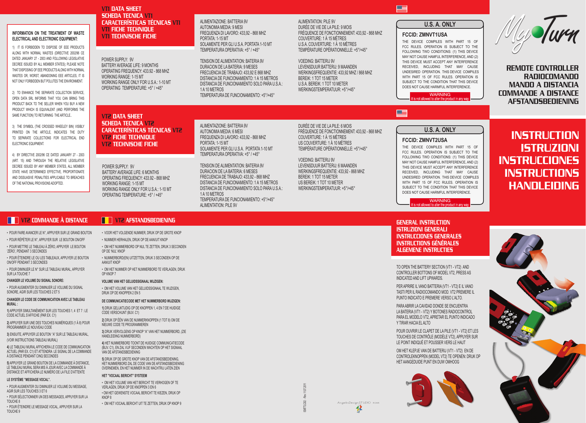 TO OPEN THE BATTERY SECTION (VT1 - VT2)  AND CONTROLLER BOTTONS OF MODEL VT2, PRESS AS INDICATED AND LIFT UPWARDS.PER APRIRE IL VANO BATTERIA (VT1 - VT2) E IL VANO TASTI PER IL RADIOCOMANDO MOD. VT2 PREMERE IL PUNTO INDICATO E PREMERE VERSO L’ALTO.PARA ABRIR LA CAVIDAD DONDE SE ENCUENTRA LA BATERIA (VT1 - VT2) Y BOTONES RADIOCONTROL PARA EL MODELO VT2, APRETAR EL PUNTO INDICADO Y TIRAR HACIA EL ALTOPOUR OUVRIR LE CLAPET DE LA PILE (VT1 - VT2) ET LES TOUCHES DE CONTRÔLE (MODÈLE VT2), APPUYER SUR LE POINT INDIQUÉ ET POUSSER VERS LE HAUTOM HET KLEPJE VAN DE BATTERIJ (VT1 - VT2)  EN DE CONTROLEKNOPPEN (MODEL VT2) TE OPENEN: DRUK OP HET AANGEDUIDE PUNT EN DUW OMHOOGGENERAL INSTRUCTIONISTRUzIONI GENERALIINSTRUCCIONES GENERALESINSTRUCTIONS GÉNÉRALESALGEMENE INSTRUCTIESINSTRUCTIONISTRUzIONIINSTRUCCIONESINSTRUCTIONSHANDLEIDINGREMOTE CONTROLLERRADIOCOMANDOMANDO A DISTANCIACOMMANDE A DISTANCEAFSTANDSBEDIENINGPOWER SUPPLY:  9V   BATTERY AVERAGE LIFE: 9 MONTHS OPERATING FREQUENCY: 433.92 - 868 MHZ WORKING RANGE: 1-15 MTWORKING RANGE ONLY FOR U.S.A.: 1-10 MT OPERATING  TEMPERATURE: +5° / +45° POWER SUPPLY:  9V BATTERY AVERAGE LIFE: 6 MONTHS OPERATING FREQUENCY: 433.92 - 868 MHZWORKING RANGE: 1-15 MTWORKING RANGE ONLY FOR U.S.A.: 1-10 MT OPERATING TEMPERATURE: +5° / +45°•  POUR FAIRE AVANCER LE N°, APPUYER SUR LE GRAND BOUTON•  POUR RÉPÉTER LE N°, APPUYER SUR  LE BOUTON ON/OFF •  POUR METTRE LE TABLEAU À ZÉRO, APPUYER  LE BOUTON ‘ZÉRO’, PENDANT 3 SECONDES•  POUR ÉTEINDRE LE OU LES TABLEAUX, APPUYER LE BOUTON ON/OFF PENDANT 3 SECONDES•  POUR DIMINUER LE N° SUR LE TABLEAU MURAL, APPUYER SUR LA TOUCHE 7CHANGER LE VOLUME DU SIGNAL SONORE:•  POUR AUGMENTER OU DIMINUER LE VOLUME DU SIGNAL SONORE, AGIR SUR LES TOUCHES 2 ET 5     CHANGER LE CODE DE COMMUNICATION AVEC LE TABLEAU MURAL :1) APPUYER SIMULTANÉMENT SUR LES TOUCHES 1, 4  ET 7 : LE CODE ACTUEL S’AFFICHE (PAR EX. C1)2) APPUYER SUR UNE DES TOUCHES NUMÉRIQUES (1 À 8) POUR PROGRAMMER LE NOUVEAU CODE3) ENSUITE, APPUYER LE BOUTON ‘’A’’ SUR LE TABLEAU MURAL, (VOIR INSTRUCTIONS TABLEAU MURAL)4) LE TABLEAU MURAL AFFICHERA LE CODE DE COMMUNICATION ACTUEL (PAR EX. C1) ET ATTENDRA  LE SIGNAL DE LA COMMANDE À DISTANCE PENDANT CINQ SECONDES5) APPUYER LE GRAND BOUTON DE LA COMMANDE À DISTANCE, LE TABLEAU MURAL SERA MIS À JOUR AVEC LA COMMANDE À DISTANCE ET AFFICHERA LE NUMÉRO DE LA FILE D’ATTENTELE SYSTÈME ’’MESSAGE VOCAL’’.•  POUR AUGMENTER OU DIMINUER LE VOLUME DU MESSAGE, AGIR SUR LES TOUCHES 3 ET 6•  POUR SÉLECTIONNER UN DES MESSAGES, APPUYER SUR LA TOUCHE 8•  POUR ÉTEINDRE LE MESSAGE VOCAL, APPUYER SUR LA TOUCHE 9INFORMATION  ON  THE  TREATMENT  OF  WASTE ELECTRICAL AND ELECTRONIC EQUIPMENT:1)    IT  IS  FORBIDDEN  TO  DISPOSE  OF  EEE  PRODUCTS ALONG  WITH  NORMAL  WASTES  (DIRECTIVE  2002/96  CE DATED JANUARY 27 - 2003 AND FOLLOWING LEGISLATIVE DECREE ISSUED BY ALL MEMBER STATES); PLEASE NOTE THAT DISPOSING OF EEE PRODUCTS ALONG WITH NORMAL WASTES  OR,  WORST,  ABANDONING  EEE ARTICLES,  IT  IS NOT ONLY FORBIDDEN BUT POLUTES THE ENVIRONMENT.2)    TO  ENHANCE  THE  SEPARATE  COLLECTION  SERVICE, OPEN  DATA  SRL  INFORMS  THAT  YOU  CAN  BRING  THIS PRODUCT BACK  TO THE  SELLER  WHEN  YOU  BUY A NEW PRODUCT  WHICH  IS  EQUIVALENT  (AND  PERFORMS  THE SAME FUNCTION) TO RETURNING  THE ARTICLE..3)    THE  SYMBOL  (THE  CROSSED  WHEELEY  BIN)  VISIBLY PRINTED  ON  THE  ARTICLE,  INDICATES  THE  DUTY TO  SEPARATE  COLLECTIONS  FOR  ELECTRICAL  END ELECTRONIC EQUIPMENT.4)    BY  DIRECTIVE  2002/96  CE DATED  JANUARY  27  -  2003 (ART.  15)  AND  THROUGH  THE  RELATIVE  LEGISLATIVE DECREE  ISSUED  BY ANY  MEMBER  STATES, ALL  MEMBER STATE  HAVE  DETERMINED  EFFECTIVE,  PROPORTIONATE AND  DISSUASIVE  PENALITIES APPLICABLE TO BREACHES OF THE NATIONAL PROVISIONS ADOPTED.ALIMENTATION: PILE 9VDURÉE DE VIE DE LA PILE: 9 MOISFRÉQUENCE DE FONCTIONNEMENT: 433,92 - 868 MHZCOUVERTURE: 1 À 15 MÈTRESU.S.A. COUVERTURE: 1 À 10 MÈTRESTEMPÉRATURE OPÉRATIONNELLE: +5°/+45°VOEDING: BATTERIJ 9VLEVENSDUUR BATTERIJ: 9 MAANDENWERKINGSFREQUENTIE: 433,92 MHZ / 868 MHZBEREIK: 1 TOT 15 METERU.S.A. BEREIK: 1 TOT 10 METERWERKINGSTEMPERATUUR: +5°/+45°•  VOOR HET VOLGENDE NUMMER, DRUK OP DE GROTE KNOP•  NUMMER HERHALEN, DRUK OP DE AAN/UIT KNOP •  OM HET NUMMERBORD OP NUL TE ZETTEN, DRUK 3 SECONDEN OP DE ‘NUL’ KNOP•  NUMMERBORD(EN) UITZETTEN, DRUK 3 SECONDEN OP DE AAN/UIT KNOP•  OM HET NUMMER OP HET NUMMERBORD TE VERLAGEN, DRUK OP KNOP 7VOLUME VAN HET GELUIDSSIGNAAL WIJZIGEN:•  OM HET VOLUME VAN HET GELUIDSSIGNAAL TE WIJZIGEN, DRUK OP DE KNOPPEN 2 EN 5    DE COMMUNICATIECODE MET HET NUMMERBORD WIJZIGEN:1) DRUK GELIJKTIJDIG OP DE KNOPPEN 1, 4 EN 7:DE HUIDIGE CODE VERSCHIJNT (BIJV. C1)2) DRUK OP ÉÉN VAN DE NUMMERKNOPPEN (1 TOT 8) OM DE NIEUWE CODE TE PROGRAMMEREN3) DRUK VERVOLGENS OP KNOP “A” VAN HET NUMMERBORD, (ZIE HANDLEIDING NUMMERBORD)4) HET NUMMERBORD TOONT DE HUIDIGE COMMUNICATIECODE (BIJV. C1), EN ZAL VIJF SECONDEN WACHTEN OP HET SIGNAAL VAN DE AFSTANDSBEDIENING5) DRUK OP DE GROTE KNOP VAN DE AFSTANDSBEDIENING, HET NUMMERBORD ZAL DE CODE VAN DE AFSTANDSBEDIENING  OVERNEMEN, EN HET NUMMER IN DE WACHTRIJ LATEN ZIENHET ’’VOCAAL BERICHT’’ SYSTEEM•  OM HET VOLUME VAN HET BERICHT TE VERHOGEN OF TE VERLAGEN, DRUK OP DE KNOPPEN 3 EN 6• OM HET GEWENSTE VOCAAL BERICHT TE KIEZEN, DRUK OP KNOP 8•  OM HET VOCAAL BERICHT UIT TE ZETTEN, DRUK OP KNOP 9ALIMENTAZIONE: BATTERIA 9V AUTONOMIA MEDIA: 9 MESI FREQUENZA DI LAVORO: 433,92 - 868 MHZPORTATA: 1-15 MTSOLAMENTE PER GLI U.S.A. PORTATA 1-10 MTTEMPERATURA OPERATIVA: +5° / +45°TENSION DE ALIMENTATION: BATERIA 9VDURACION DE LA BATERIA: 9 MESESFRECUENCIA DE TRABAJO: 433,92 E 868 MHZDISTANCIA DE FUNCIONAMIENTO: 1 A 15 METROSDISTANCIA DE FUNCIONAMIENTO SOLO PARA U.S.A.: 1 A 10 METROSTEMPERATURA DE FUNCIONAMIENTO: +5°/+45°ALIMENTAZIONE: BATTERIA 9V AUTONOMIA MEDIA: 6 MESI FREQUENZA DI LAVORO: 433,92 - 868 MHZPORTATA: 1-15 MTSOLAMENTE PER GLI U.S.A.  PORTATA 1-10 MT TEMPERATURA OPERATIVA: +5° / +45°TENSION DE ALIMENTATION: BATERIA 9VDURACION DE LA BATERIA: 6 MESESFRECUENCIA DE TRABAJO: 433,92 - 868 MHZDISTANCIA DE FUNCIONAMIENTO: 1 A 15 METROSDISTANCIA DE FUNCIONAMIENTO SOLO PARA U.S.A.: 1 A 10 METROSTEMPERATURA DE FUNCIONAMIENTO: +5°/+45°ALIMENTATION: PILE 9VDURÉE DE VIE DE LA PILE: 6 MOISFRÉQUENCE DE FONCTIONNEMENT: 433,92 - 868 MHZCOUVERTURE: 1 À 15 MÈTRESUS COUVERTURE: 1 À 10 MÈTRESTEMPÉRATURE OPÉRATIONNELLE: +5°/+45°VOEDING: BATTERIJ 9VLEVENSDUUR BATTERIJ: 6 MAANDENWERKINGSFREQUENTIE: 433,92 - 868 MHZBEREIK: 1 TOT 15 METERUS BEREIK: 1 TOT 10 METERWERKINGSTEMPERATUUR: +5°/+45° vT1 DATA SHEETSCHEDA TECNICA vT1CARACTERÍSTICAS TÉCNICAS vTIvT1 FICHE TECHNIQUEvT1 TECHNISCHE FICHE vT2 DATA SHEETSCHEDA TECNICA vT2CARACTERÍSTICAS TÉCNICAS vT2vT2 FICHE TECHNIQUEvT2 TECHNISCHE FICHE vT2 AFSTANDSBEDIENING vT2 COMMANDE À DISTANCEU.S. A. ONLYFCCID: ZMNVT1USATHE  DEVICE  COMPILES  WITH  PART  15  OF FCC  RULES.  OPERATION  IS  SUBJECT  TO  THE FOLLOWING  TWO  CONDITIONS:  (1)  THIS  DEVICE MAY NOT CAUSE HAMFUL INTERFERENCE, AND (2) THIS DEVICE MUST ACCEPT ANY INTERFERENCE RECEIVED,  INCLUDING  THAT  MAY  CAUSE UNDESIRED  OPERATION. THIS DEVICE  COMPILES WITH  PART  15  OF  FCC  RULES.  OPERATION  IS SUBJECT TO THE CONDITION THAT THIS DEVICE DOES NOT CAUSE HARMFUL INTERFERENCE.U.S. A. ONLYFCCID: ZMNVT2USATHE  DEVICE  COMPILES  WITH  PART  15  OF FCC  RULES.  OPERATION  IS  SUBJECT  TO  THE FOLLOWING  TWO  CONDITIONS:  (1)  THIS  DEVICE MAY NOT CAUSE HAMFUL INTERFERENCE, AND (2) THIS DEVICE MUST ACCEPT ANY INTERFERENCE RECEIVED,  INCLUDING  THAT  MAY  CAUSE UNDESIRED  OPERATION. THIS DEVICE  COMPILES WITH  PART  15  OF  FCC  RULES.  OPERATION  IS SUBJECT TO THE CONDITION THAT THIS DEVICE DOES NOT CAUSE HARMFUL INTERFERENCE.ISMTTLC/02  - Rev. 11.07.2011MYTURN Teleistruzioni2011.indd   2 23/09/11   12.34