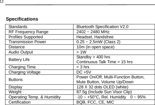  12  Specifications              Standards Bluetooth Specification V2.0 RF Frequency Range  2402 ~ 2480 MHz Profiles Supported  Headset, Handsfree Transmission Power  0.25 ~ 2.5mW (Class 2) Distance  10m (in open space) Audio Output  &gt; 1W Battery Life  Standby &gt; 400 hrs Continuous Talk Time &gt; 15 hrs Charging Time  &lt; 3 hrs Charging Voltage  DC +5V Buttons  Power On/Off, Multi-Function Button,   Mute Button, Volume Up/Down Display  128 X 32 dots OLED (white) Weight  87.5g (Include Sun Visor Clip) Operating Temp. &amp; Humidity  -10 ~ +50°C, Rel. Humidity    0 ~ 95% Certification  BQB, FCC, CE, MIC  