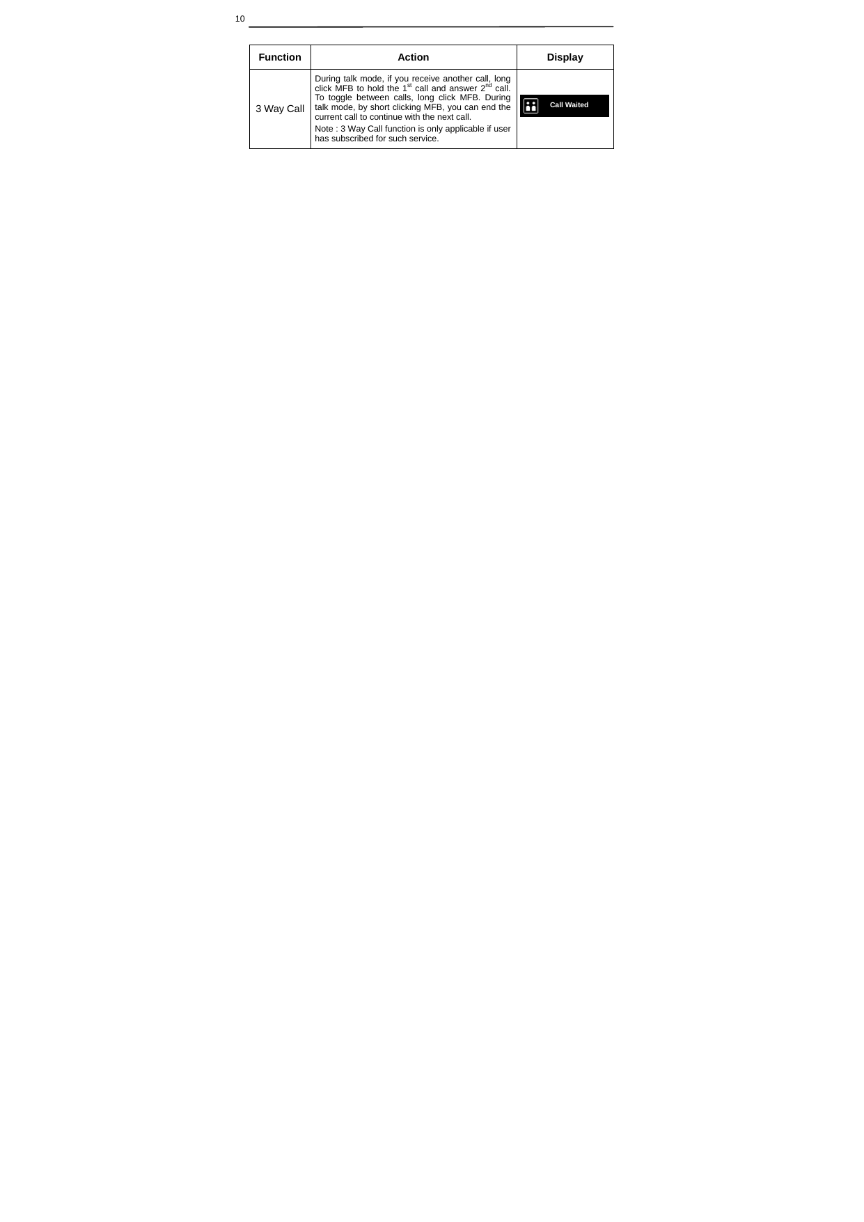  10             Function Action  Display 3 Way Call During talk mode, if you receive another call, long click MFB to hold the 1st call and answer 2nd call. To toggle between calls, long click MFB. During talk mode, by short clicking MFB, you can end the current call to continue with the next call.     Note : 3 Way Call function is only applicable if user has subscribed for such service.   Call Waited