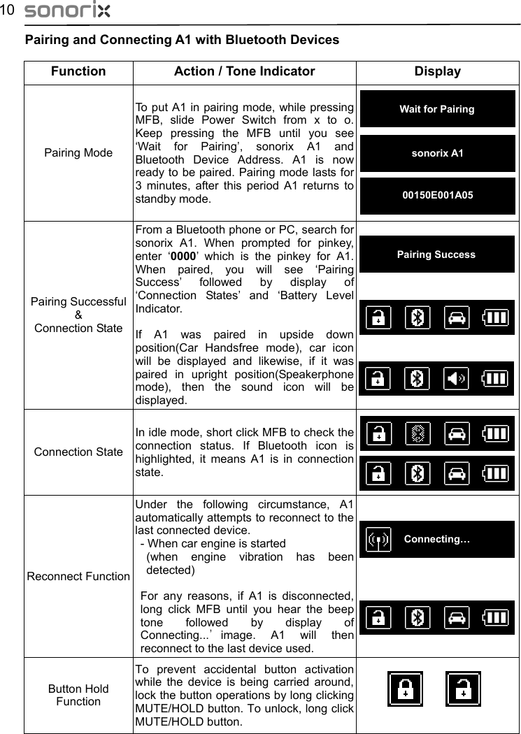  10 Pairing and Connecting A1 with Bluetooth Devices                                   Function  Action / Tone Indicator  Display Pairing Mode  To put A1 in pairing mode, while pressing MFB, slide Power Switch from x to o. Keep pressing the MFB until you see ‘Wait for Pairing’, sonorix A1 and Bluetooth Device Address. A1 is now ready to be paired. Pairing mode lasts for 3 minutes, after this period A1 returns to standby mode.        Wait for Pairing   sonorix A1 00150E001A05 Pairing Successful &amp; Connection State From a Bluetooth phone or PC, search for sonorix A1. When prompted for pinkey, enter ‘0000’ which is the pinkey for A1.When paired, you will see ‘Pairing Success’ followed by display of‘Connection States’ and ‘Battery LevelIndicator.   If A1 was paired in upside down position(Car Handsfree mode), car icon will be displayed and likewise, if it was paired in upright position(Speakerphone mode), then the sound icon will be displayed.  Pairing Success In idle mode, short click MFB to check the connection status. If Bluetooth icon is highlighted, it means A1 is in connection state.  Connection State Under the following circumstance, A1 automatically attempts to reconnect to the last connected device. - When car engine is started (when engine vibration has been detected)   For any reasons, if A1 is disconnected, long click MFB until you hear the beep tone followed by display of Connecting...’image. A1 will then reconnect to the last device used. Reconnect Function   Connecting…  Button Hold Function To prevent accidental button activation while the device is being carried around, lock the button operations by long clicking MUTE/HOLD button. To unlock, long click MUTE/HOLD button.   