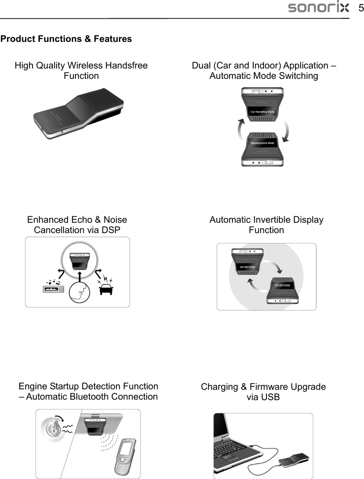  5  Product Functions &amp; Features          Dual (Car and Indoor) Application – Automatic Mode Switching   High Quality Wireless Handsfree Function                      Automatic Invertible Display Function   Enhanced Echo &amp; Noise Cancellation via DSP                   Engine Startup Detection Function – Automatic Bluetooth Connection   Charging &amp; Firmware Upgrade via USB       