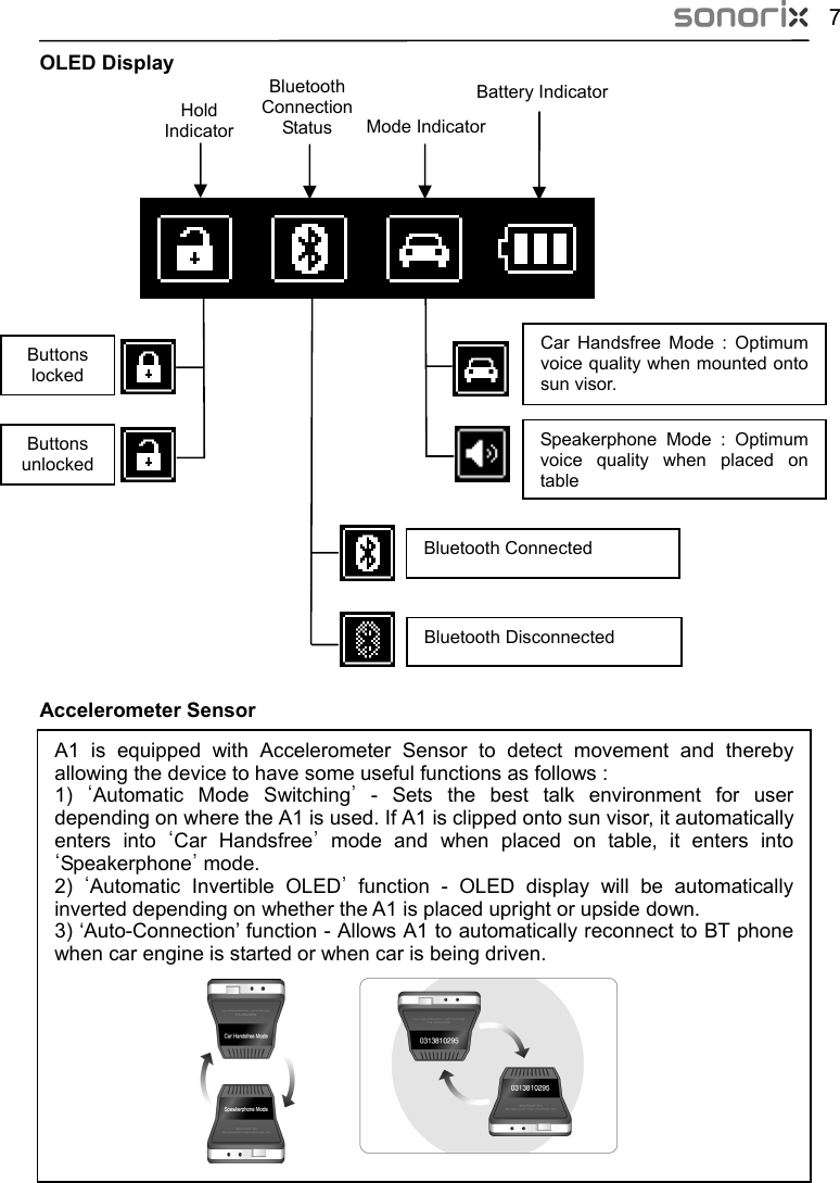  7 OLED Display Bluetooth Connection Status  Mode Indicator Battery IndicatorHold  Indicator      Car Handsfree Mode : Optimum voice quality when mounted onto sun visor. Speakerphone Mode : Optimum voice quality when placed on tableBluetooth Connected Bluetooth Disconnected      Buttons locked Buttons unlocked      Accelerometer Sensor          A1 is equipped with Accelerometer Sensor to detect movement and thereby allowing the device to have some useful functions as follows : 1)  ‘Automatic Mode Switching’ - Sets the best talk environment for user depending on where the A1 is used. If A1 is clipped onto sun visor, it automatically enters into ‘Car Handsfree’ mode and when placed on table, it enters into ‘Speakerphone’ mode. 2)  ‘Automatic Invertible OLED’ function - OLED display will be automatically inverted depending on whether the A1 is placed upright or upside down.   3) ‘Auto-Connection’ function - Allows A1 to automatically reconnect to BT phone when car engine is started or when car is being driven.   