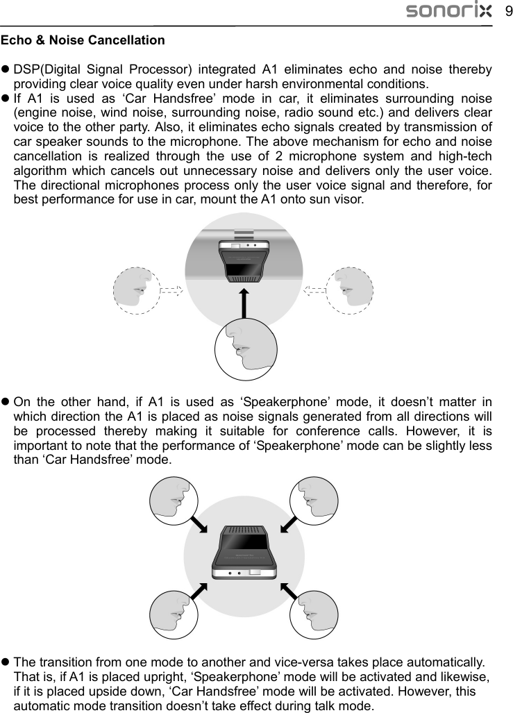  9 Echo &amp; Noise Cancellation z DSP(Digital Signal Processor) integrated A1 eliminates echo and noise thereby providing clear voice quality even under harsh environmental conditions.   z If A1 is used as ‘Car Handsfree’ mode in car, it eliminates surrounding noise (engine noise, wind noise, surrounding noise, radio sound etc.) and delivers clear voice to the other party. Also, it eliminates echo signals created by transmission of car speaker sounds to the microphone. The above mechanism for echo and noise cancellation is realized through the use of 2 microphone system and high-tech algorithm which cancels out unnecessary noise and delivers only the user voice. The directional microphones process only the user voice signal and therefore, for best performance for use in car, mount the A1 onto sun visor.              z On the other hand, if A1 is used as ‘Speakerphone’ mode, it doesn’t matter in which direction the A1 is placed as noise signals generated from all directions will be processed thereby making it suitable for conference calls. However, it is important to note that the performance of ‘Speakerphone’ mode can be slightly less than ‘Car Handsfree’ mode.              z The transition from one mode to another and vice-versa takes place automatically. That is, if A1 is placed upright, ‘Speakerphone’ mode will be activated and likewise, if it is placed upside down, ‘Car Handsfree’ mode will be activated. However, this automatic mode transition doesn’t take effect during talk mode.   