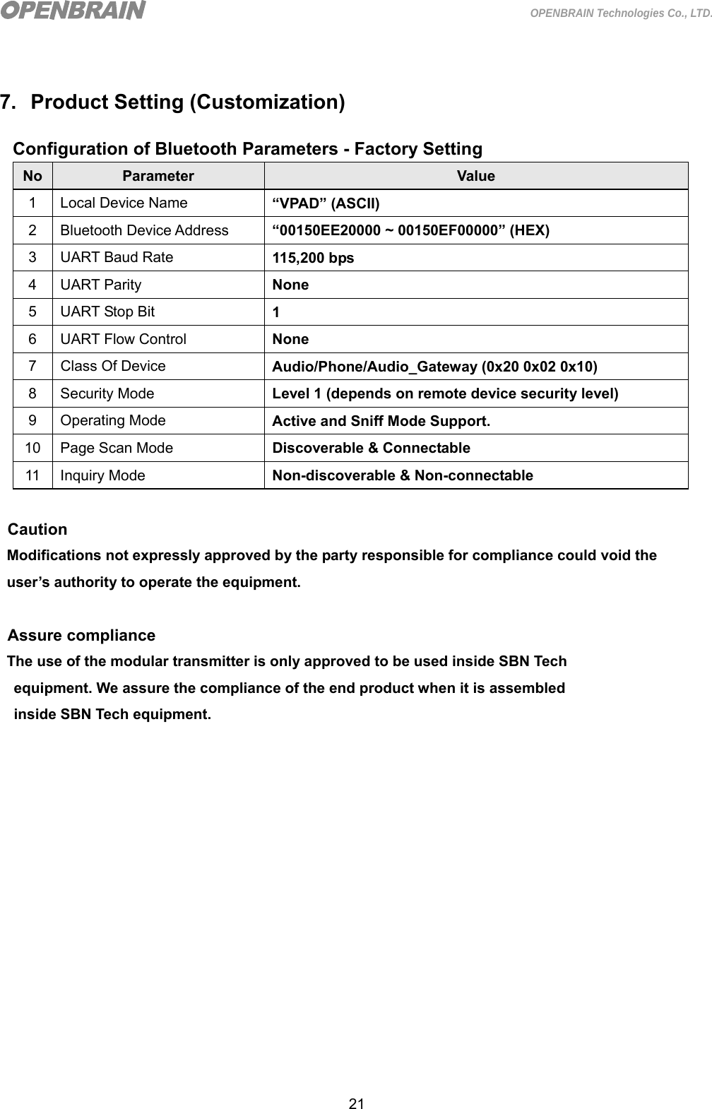  21 OPENBRAIN Technologies Co., LTD.  7.  Product Setting (Customization) Configuration of Bluetooth Parameters - Factory Setting No  Parameter  Value 1 Local Device Name  “VPAD” (ASCII) 2 Bluetooth Device Address  “00150EE20000 ~ 00150EF00000” (HEX) 3 UART Baud Rate  115,200 bps 4 UART Parity  None 5  UART Stop Bit  1 6 UART Flow Control  None 7  Class Of Device  Audio/Phone/Audio_Gateway (0x20 0x02 0x10) 8 Security Mode  Level 1 (depends on remote device security level) 9 Operating Mode  Active and Sniff Mode Support. 10  Page Scan Mode  Discoverable &amp; Connectable 11 Inquiry Mode  Non-discoverable &amp; Non-connectable   Caution Modifications not expressly approved by the party responsible for compliance could void the   user’s authority to operate the equipment.  Assure compliance The use of the modular transmitter is only approved to be used inside SBN Tech   equipment. We assure the compliance of the end product when it is assembled   inside SBN Tech equipment.               
