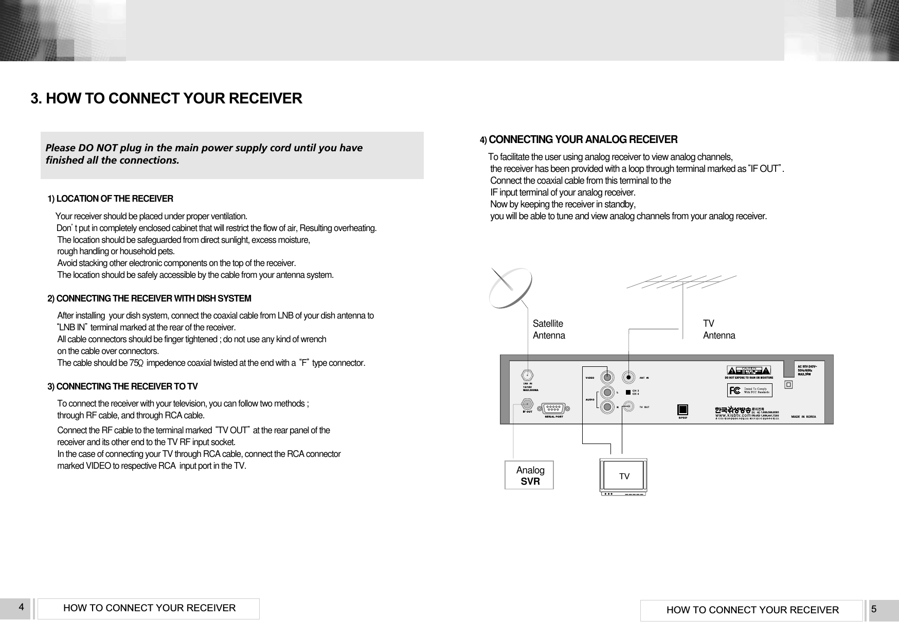 0HOW TO CONNECT YOUR RECEIVER 5HOW TO CONNECT YOUR RECEIVER4Please DO NOT plug in the main power supply cord until you have finished all the connections.1) LOCATION OF THE RECEIVERYour receiver should be placed under proper ventilation. Dont put in completely enclosed cabinet that will restrict the flow of air, Resulting overheating. The location should be safeguarded from direct sunlight, excess moisture, rough handling or household pets. Avoid stacking other electronic components on the top of the receiver.The location should be safely accessible by the cable from your antenna system.2) CONNECTING THE RECEIVER WITH DISH SYSTEMAfter installing  your dish system, connect the coaxial cable from LNB of your dish antenna to LNB INterminal marked at the rear of the receiver.All cable connectors should be finger tightened ; do not use any kind of wrench on the cable over connectors. The cable should be 75Ϊimpedence coaxial twisted at the end with a Ftype connector.3) CONNECTING THE RECEIVER TO TVTo connect the receiver with your television, you can follow two methods ; through RF cable, and through RCA cable.Connect the RF cable to the terminal marked TV OUTat the rear panel of the receiver and its other end to the TV RF input socket. In the case of connecting your TV through RCA cable, connect the RCA connector  marked VIDEO to respective RCA  input port in the TV.3. HOW TO CONNECT YOUR RECEIVERAnalogSVRTVAntennaSatelliteAntenna4) CONNECTING YOUR ANALOG RECEIVERTo facilitate the user using analog receiver to view analog channels, the receiver has been provided with a loop through terminal marked asIF OUT.Connect the coaxial cable from this terminal to the IF input terminal of your analog receiver. Now by keeping the receiver in standby, you will be able to tune and view analog channels from your analog receiver.