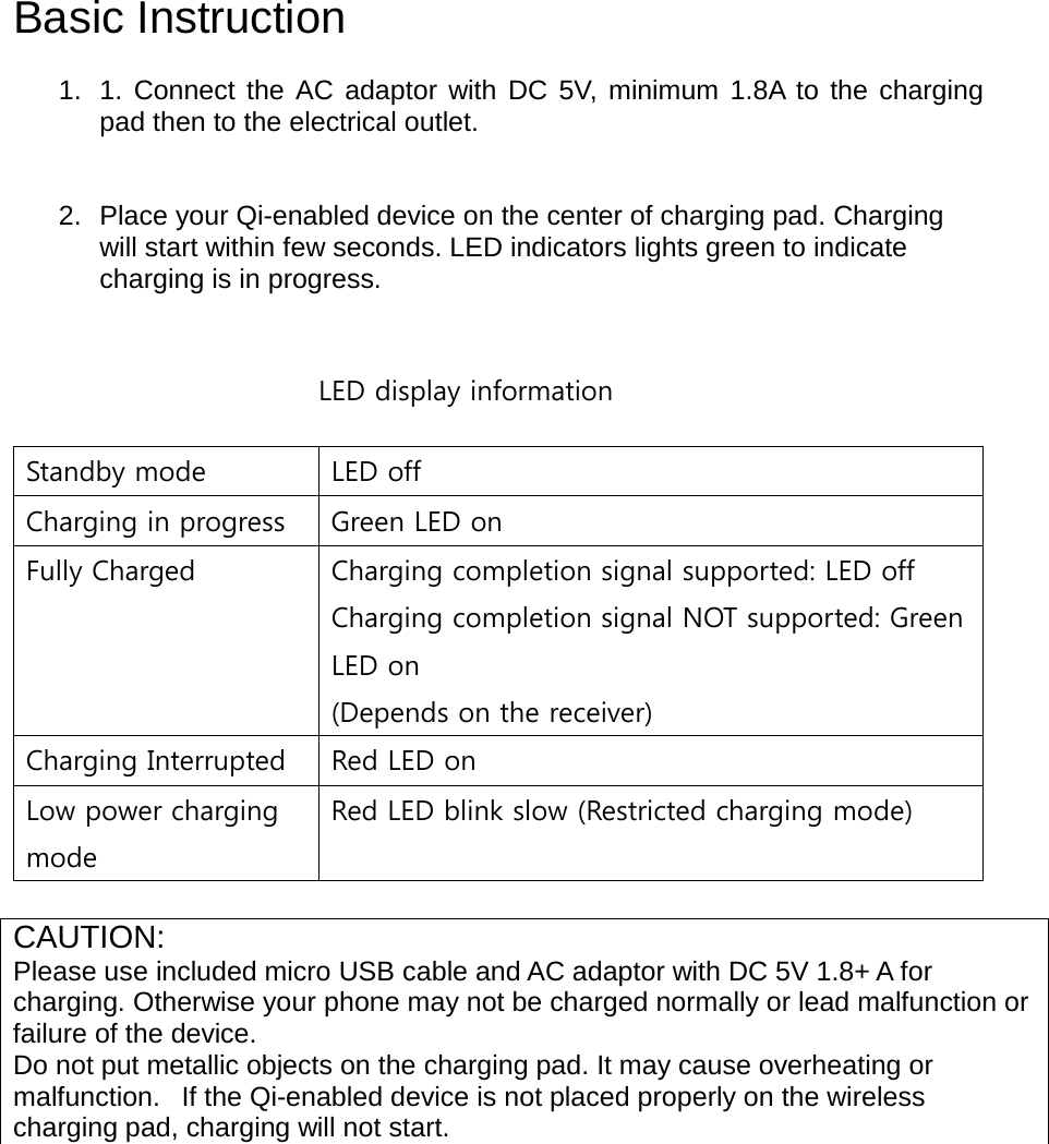 Basic Instruction  1. 1. Connect the AC adaptor with DC 5V, minimum 1.8A to the charging pad then to the electrical outlet.    2. Place your Qi-enabled device on the center of charging pad. Charging will start within few seconds. LED indicators lights green to indicate charging is in progress.   LED display information  Standby mode LED off Charging in progress Green LED on Fully Charged Charging completion signal supported: LED off Charging completion signal NOT supported: Green  LED on (Depends on the receiver) Charging Interrupted Red LED on Low power charging mode Red LED blink slow (Restricted charging mode)     CAUTION: Please use included micro USB cable and AC adaptor with DC 5V 1.8+ A for charging. Otherwise your phone may not be charged normally or lead malfunction or failure of the device. Do not put metallic objects on the charging pad. It may cause overheating or malfunction.   If the Qi-enabled device is not placed properly on the wireless charging pad, charging will not start.     