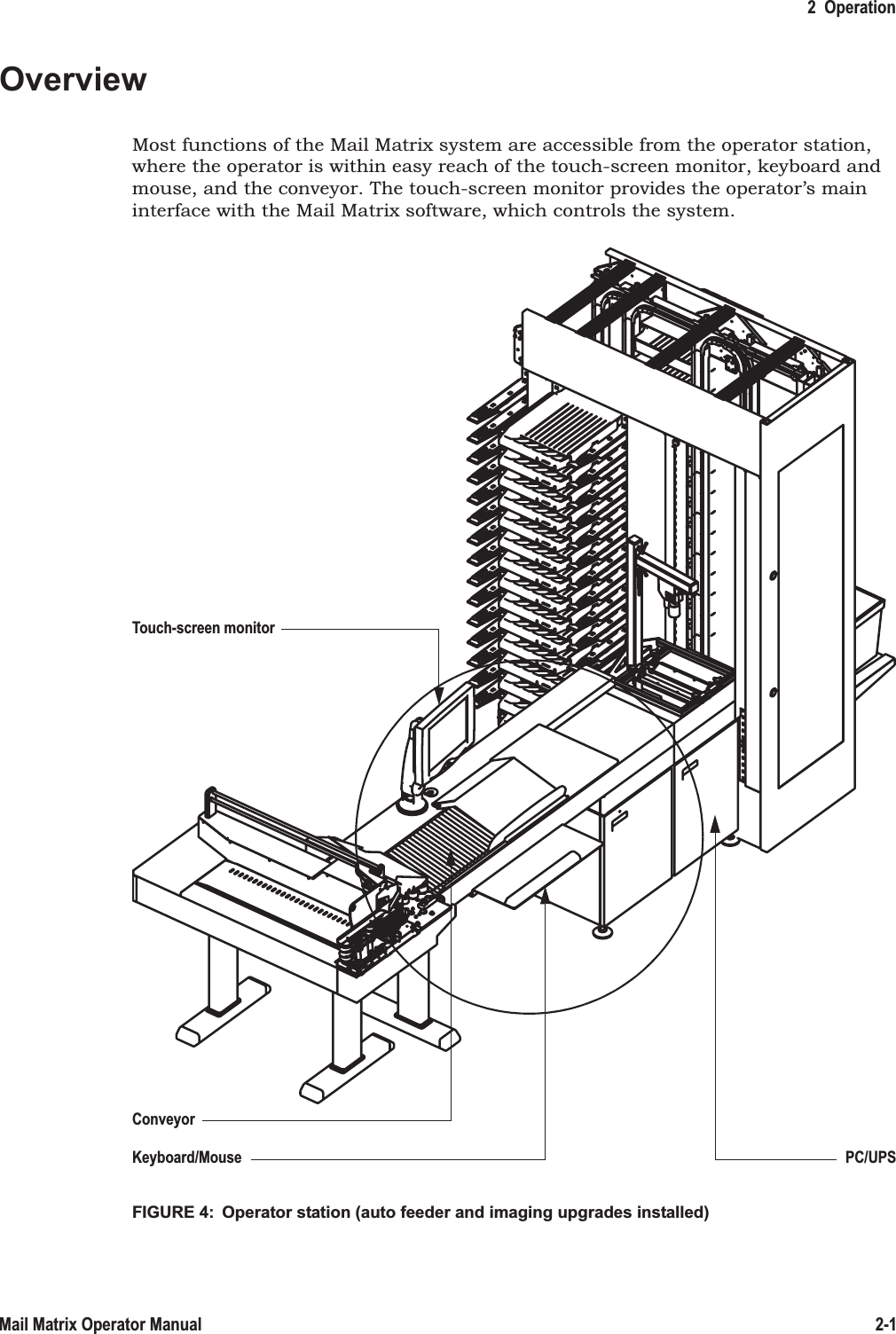 2  Operation2-1Mail Matrix Operator ManualOverviewMost functions of the Mail Matrix system are accessible from the operator station, where the operator is within easy reach of the touch-screen monitor, keyboard and mouse, and the conveyor. The touch-screen monitor provides the operator’s main interface with the Mail Matrix software, which controls the system.FIGURE 4:  Operator station (auto feeder and imaging upgrades installed)ConveyorTouch-screen monitorPC/UPSKeyboard/Mouse
