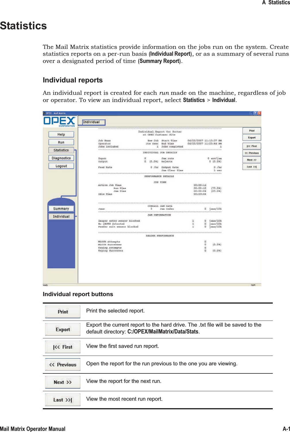 A  StatisticsA-1Mail Matrix Operator ManualStatisticsThe Mail Matrix statistics provide information on the jobs run on the system. Create statistics reports on a per-run basis (Individual Report), or as a summary of several runs over a designated period of time (Summary Report).Individual reportsAn individual report is created for each run made on the machine, regardless of job or operator. To view an individual report, select Statistics &gt;Individual.Individual report buttonsPrint the selected report.Export the current report to the hard drive. The .txt file will be saved to the default directory: C:/OPEX/MailMatrix/Data/Stats.View the first saved run report.Open the report for the run previous to the one you are viewing.View the report for the next run.View the most recent run report.