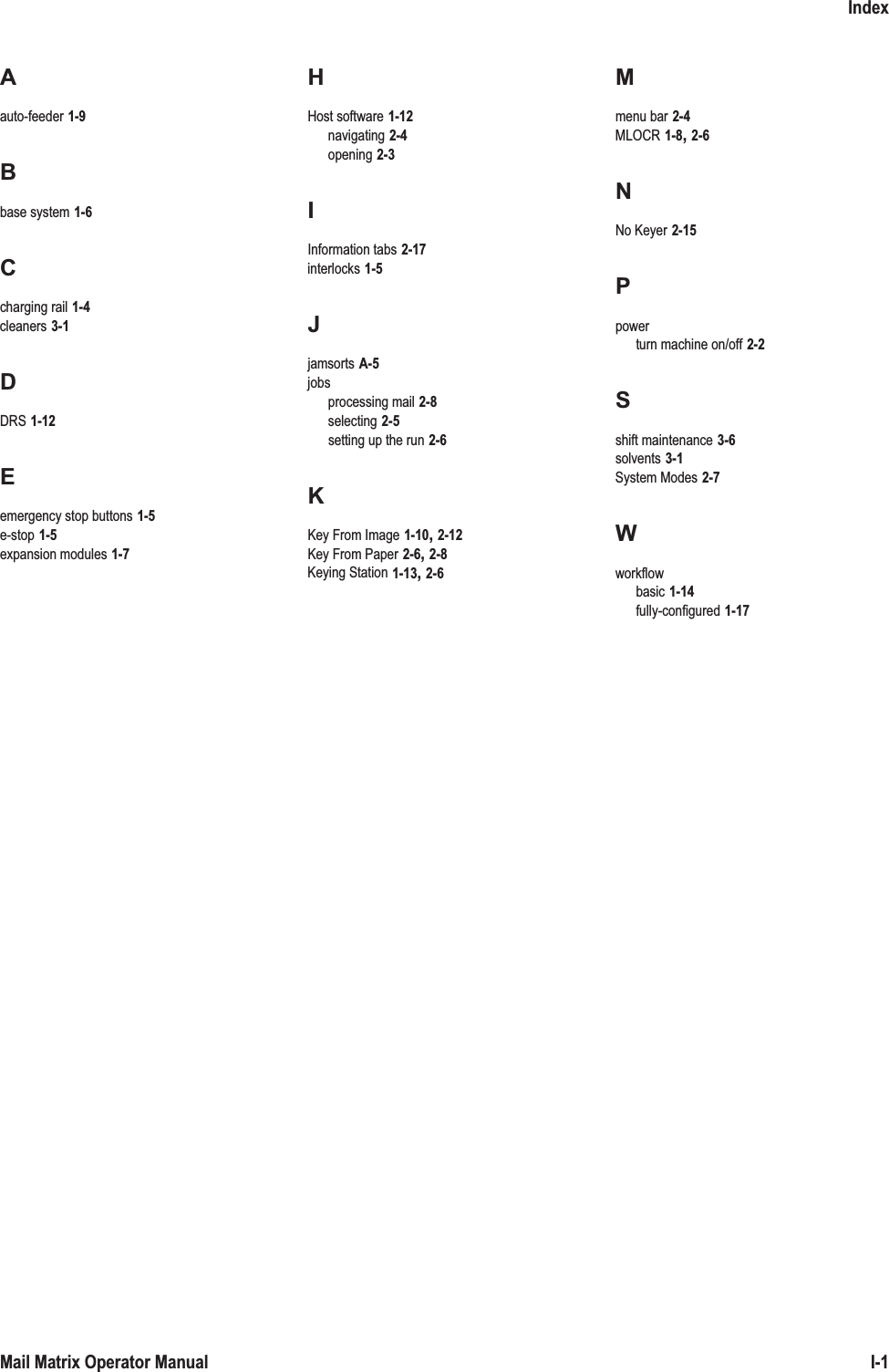 IndexI-1Mail Matrix Operator ManualAauto-feeder 1-9Bbase system 1-6Ccharging rail 1-4cleaners 3-1DDRS 1-12Eemergency stop buttons 1-5e-stop 1-5expansion modules 1-7HHost software 1-12navigating 2-4opening 2-3IInformation tabs 2-17interlocks 1-5Jjamsorts A-5jobsprocessing mail 2-8selecting 2-5setting up the run 2-6KKey From Image 1-10, 2-12Key From Paper 2-6, 2-8Keying Station 1-13, 2-6Mmenu bar 2-4MLOCR 1-8, 2-6NNo Keyer 2-15Ppowerturn machine on/off 2-2Sshift maintenance 3-6solvents 3-1System Modes 2-7Wworkflowbasic 1-14fully-configured 1-17