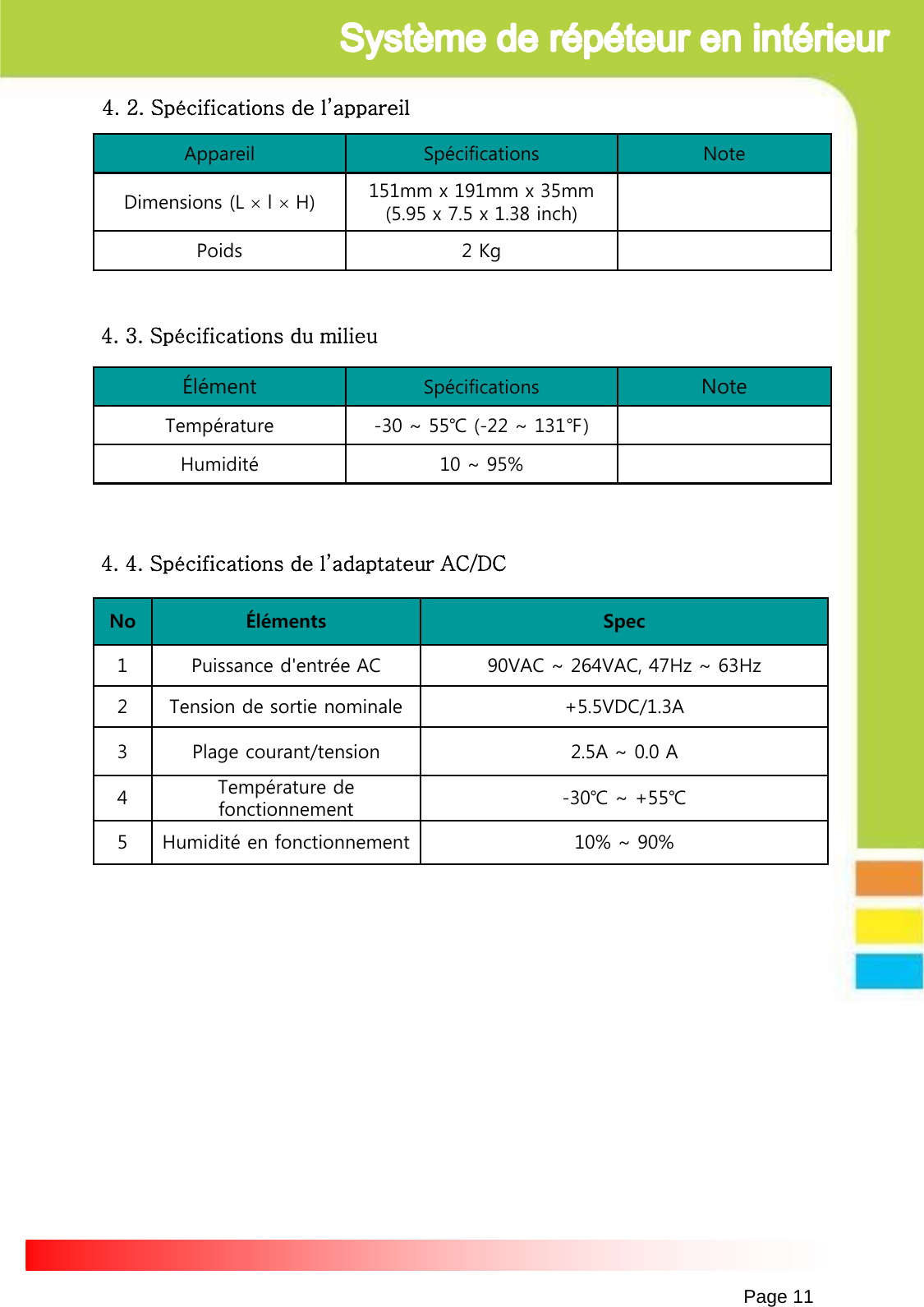 Page 11Appareil Spécifications NoteDimensions (L l H) 151mm x 191mm x 35mm(5.95 x 7.5 x 1.38 inch)Poids 2 KgÉlément Spécifications NoteTempérature -30 ~ 55℃ (-22 ~ 131℉)Humidité 10 ~ 95%4. 2. Spécifications de l’appareil4. 3. Spécifications du milieu No Éléments Spec1 Puissance d&apos;entrée AC 90VAC ~ 264VAC, 47Hz ~ 63Hz2 Tension de sortie nominale +5.5VDC/1.3A3 Plage courant/tension 2.5A ~ 0.0 A4Température de fonctionnement -30℃ ~ +55℃5 Humidité en fonctionnement 10% ~ 90%4. 4. Spécifications de l’adaptateur AC/DC