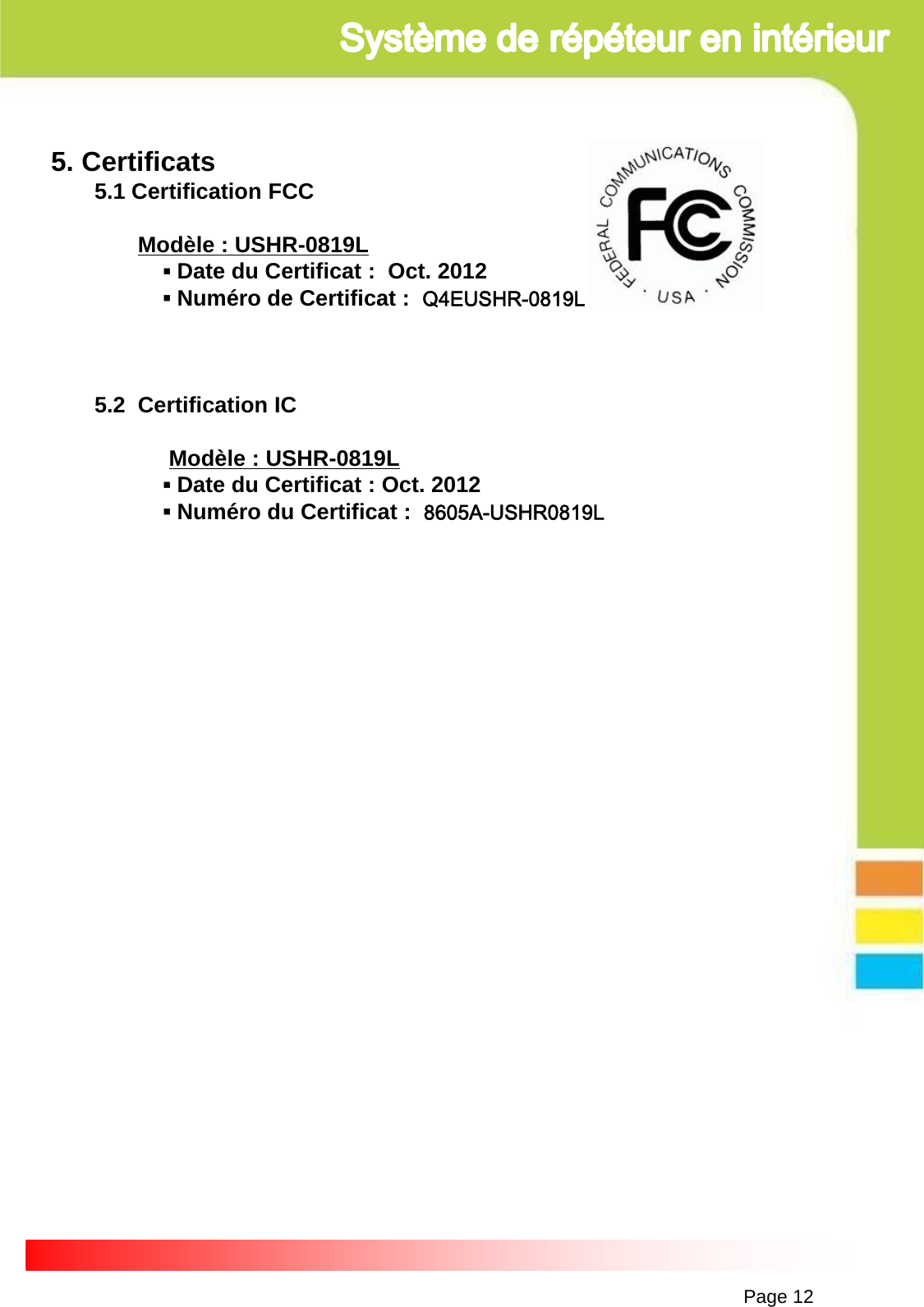 Page 125. Certificats5.1 Certification FCCModèle : USHR-0819L▪Date du Certificat :  Oct. 2012                ▪Numéro de Certificat :  Q4EUSHR-0819L5.2  Certification ICModèle : USHR-0819L▪Date du Certificat : Oct. 2012             ▪Numéro du Certificat :  8605A-USHR0819L