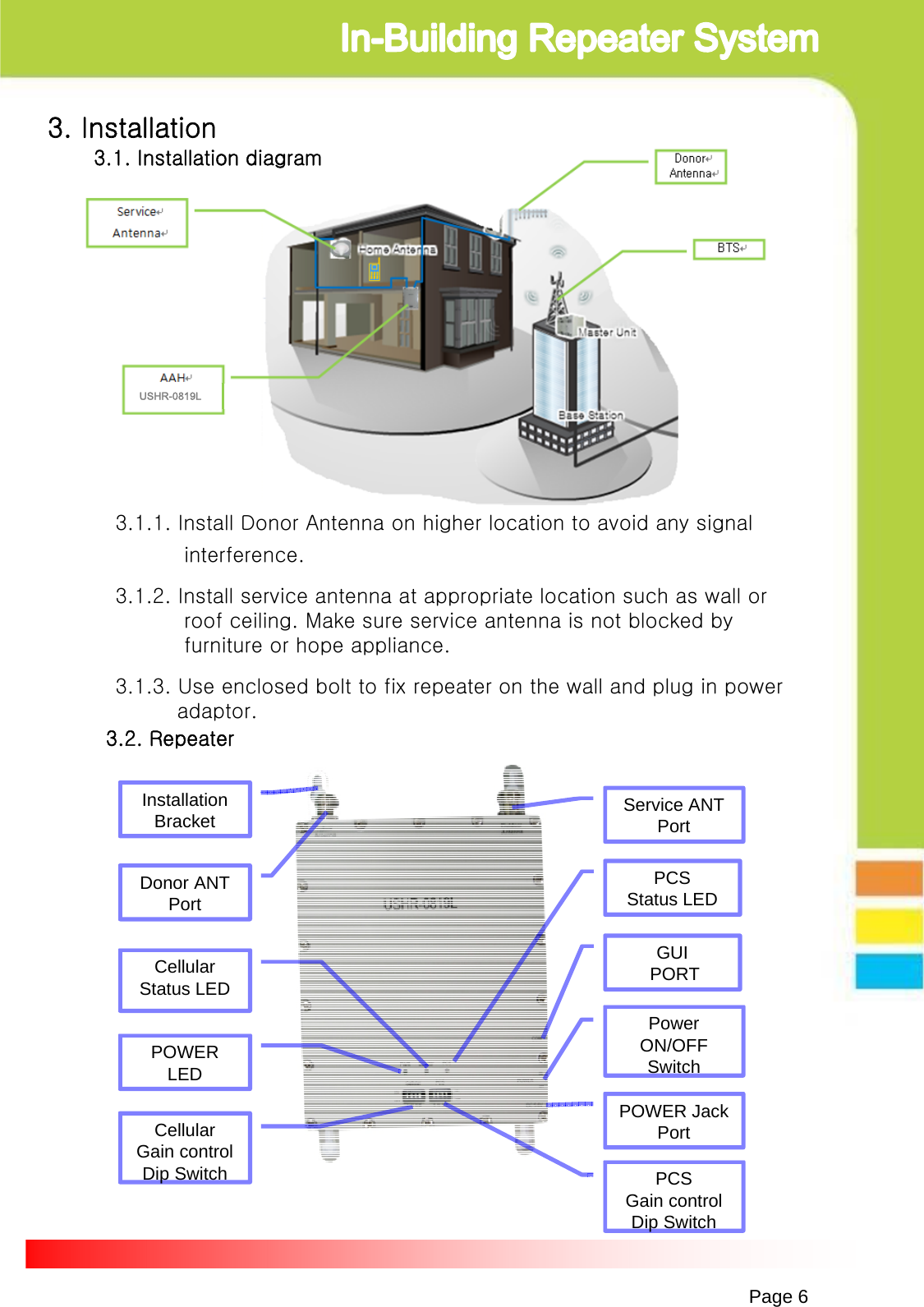 USHR-0819LPage 63. Installation3.1. Installation diagram     3.2. Repeater Service ANTPortDonor ANT PortCellularStatus LEDPOWERLEDCellularGain controlDip Switch PCSGain controlDip SwitchPOWER JackPortPowerON/OFF SwitchPCSStatus LEDGUIPORTInstallationBracket3.1.1. Install Donor Antenna on higher location to avoid any signalinterference.3.1.2. Install service antenna at appropriate location such as wall or roof ceiling. Make sure service antenna is not blocked by furniture or hope appliance.3.1.3. Use enclosed bolt to fix repeater on the wall and plug in poweradaptor.