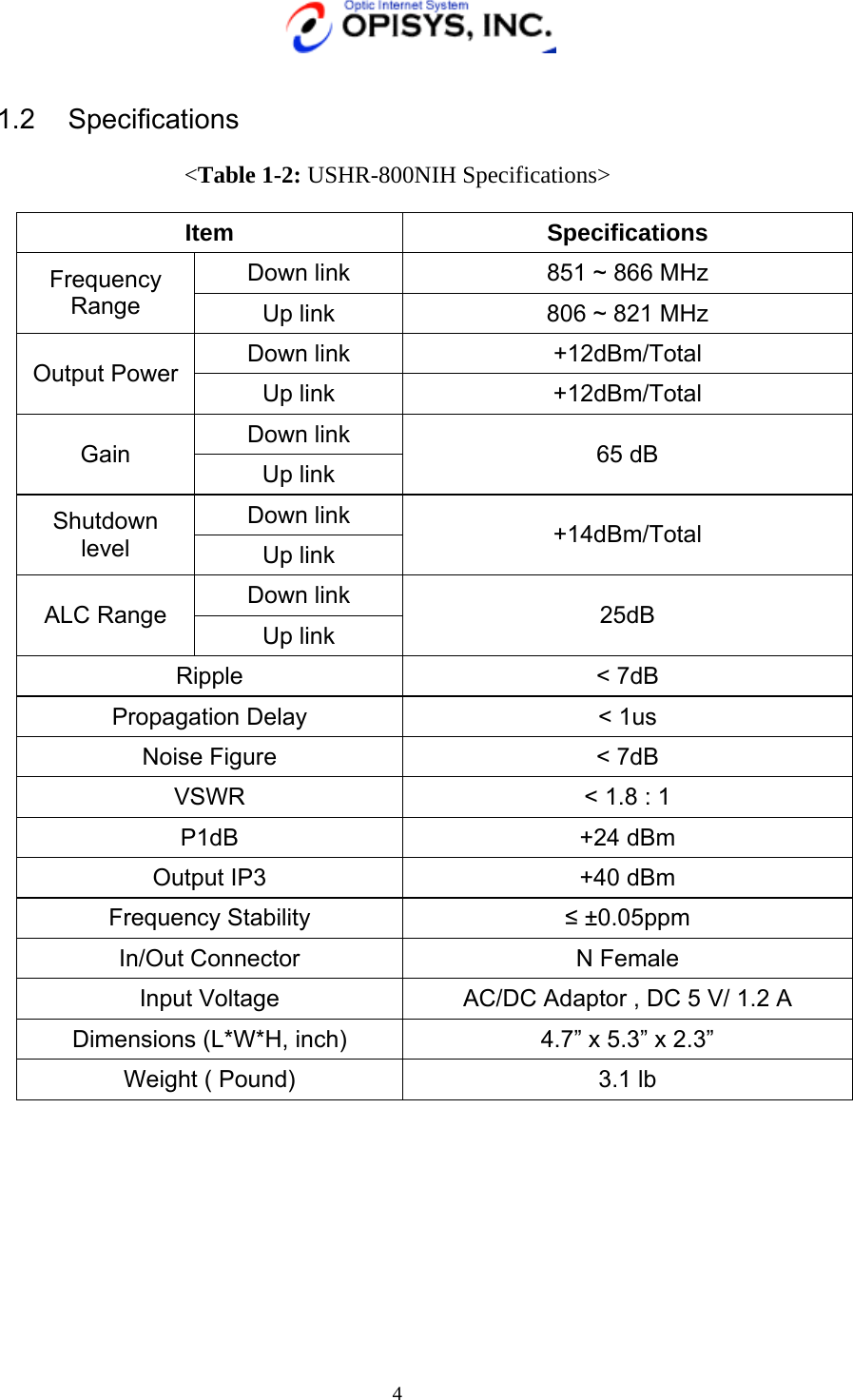   4  1.2 Specifications  &lt;Table 1-2: USHR-800NIH Specifications&gt;  Item  Specifications Down link  851 ~ 866 MHz Frequency Range  Up link  806 ~ 821 MHz Down link  +12dBm/Total Output Power  Up link  +12dBm/Total Down link Gain  Up link  65 dB Down link Shutdown level  Up link  +14dBm/Total Down link ALC Range  Up link  25dB Ripple &lt; 7dB Propagation Delay  &lt; 1us Noise Figure  &lt; 7dB VSWR  &lt; 1.8 : 1 P1dB +24 dBm Output IP3  +40 dBm Frequency Stability  ≤ ±0.05ppm In/Out Connector  N Female Input Voltage  AC/DC Adaptor , DC 5 V/ 1.2 A Dimensions (L*W*H, inch)  4.7” x 5.3” x 2.3” Weight ( Pound)  3.1 lb         