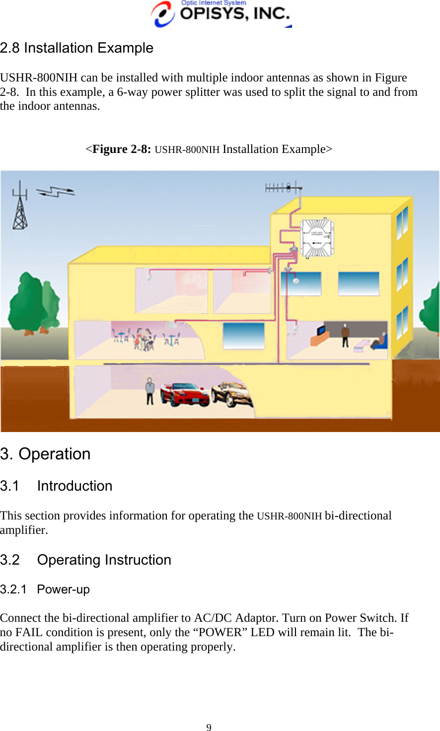   9 2.8 Installation Example  USHR-800NIH can be installed with multiple indoor antennas as shown in Figure 2-8.  In this example, a 6-way power splitter was used to split the signal to and from the indoor antennas.   &lt;Figure 2-8: USHR-800NIH Installation Example&gt;   3. Operation  3.1 Introduction  This section provides information for operating the USHR-800NIH bi-directional amplifier.    3.2 Operating Instruction  3.2.1 Power-up  Connect the bi-directional amplifier to AC/DC Adaptor. Turn on Power Switch. If no FAIL condition is present, only the “POWER” LED will remain lit.  The bi-directional amplifier is then operating properly.   