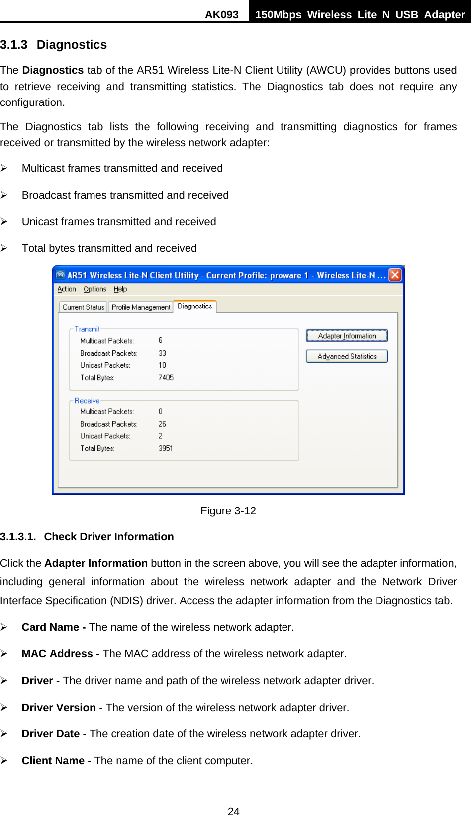 AK093  150Mbps Wireless Lite N USB Adapter 24 3.1.3 Diagnostics The Diagnostics tab of the AR51 Wireless Lite-N Client Utility (AWCU) provides buttons used to retrieve receiving and transmitting statistics. The Diagnostics tab does not require any configuration. The Diagnostics tab lists the following receiving and transmitting diagnostics for frames received or transmitted by the wireless network adapter: ¾  Multicast frames transmitted and received   ¾  Broadcast frames transmitted and received   ¾  Unicast frames transmitted and received   ¾  Total bytes transmitted and received  Figure 3-12 3.1.3.1.  Check Driver Information Click the Adapter Information button in the screen above, you will see the adapter information, including general information about the wireless network adapter and the Network Driver Interface Specification (NDIS) driver. Access the adapter information from the Diagnostics tab. ¾ Card Name - The name of the wireless network adapter.   ¾ MAC Address - The MAC address of the wireless network adapter.   ¾ Driver - The driver name and path of the wireless network adapter driver. ¾ Driver Version - The version of the wireless network adapter driver. ¾ Driver Date - The creation date of the wireless network adapter driver. ¾ Client Name - The name of the client computer. 
