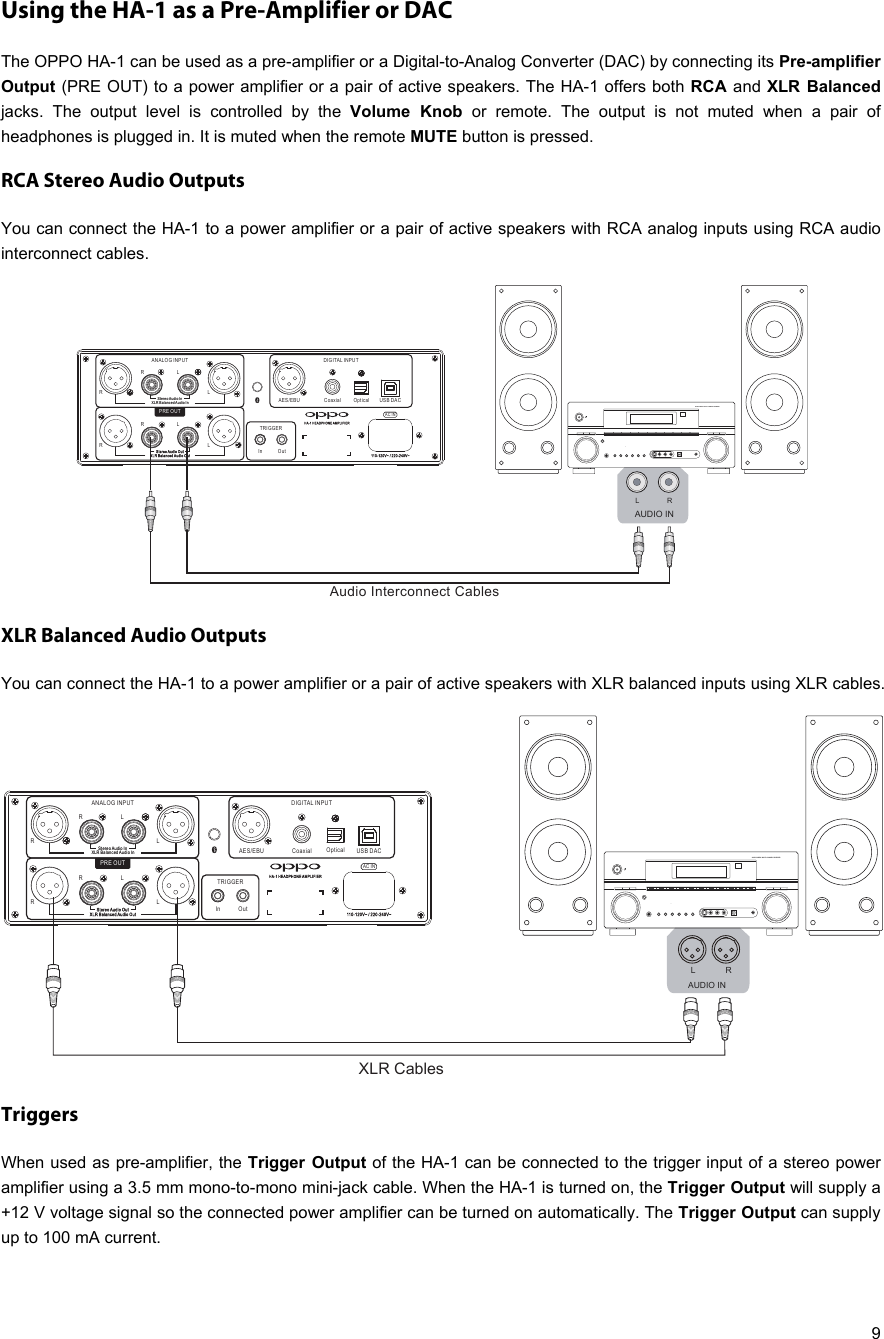   9 Using the HA-1 as a Pre-Amplifier or DAC The OPPO HA-1 can be used as a pre-amplifier or a Digital-to-Analog Converter (DAC) by connecting its Pre-amplifier Output (PRE OUT) to a power amplifier or a pair of active speakers. The HA-1 offers both RCA and XLR Balanced jacks. The output level is controlled by the Volume Knob or remote. The output is not muted when a pair of headphones is plugged in. It is muted when the remote MUTE button is pressed. RCA Stereo Audio Outputs You can connect the HA-1 to a power amplifier or a pair of active speakers with RCA analog inputs using RCA audio interconnect cables.  XLR Balanced Audio Outputs You can connect the HA-1 to a power amplifier or a pair of active speakers with XLR balanced inputs using XLR cables.   Triggers When used as pre-amplifier, the Trigger Output of the HA-1 can be connected to the trigger input of a stereo power amplifier using a 3.5 mm mono-to-mono mini-jack cable. When the HA-1 is turned on, the Trigger Output will supply a +12 V voltage signal so the connected power amplifier can be turned on automatically. The Trigger Output can supply up to 100 mA current. 110-1 20V~ / 22 0-240 V~AES/EBU Coaxial Optical USB D ACRLAC INRLRLRLRR   BBaallaanncceedd   AAuuddSStteerreeoo   AAuuddiioo   IInnXXLLiioo   IInnSte reo Audi o OutXLR B alanc ed Audio O utOutANALOG INPUT DIGITAL INPUTHA-1 H EADPH ONE AMPL IFIERInTRIGGERPRE OUT　Audio Interconnect CablesAUDIO/VIDEO  MULTI-CHANNEL  RECEIVERAUDIO INLR110- 120V~ / 2 20-24 0V~AES/EBU Coaxial Optical USB DACRLAC INRLRLRLRR   BBaallaanncceedd   AAuuddSStteerreeoo   AAuuddiioo   II nnXXLLiioo   II nnSte reo Audi o OutXLR B alanc ed Audio O utOutANALOG INPUT DIGITAL INPUTHA- 1 HEADP HONE AMP LIFIE RInTRIGGERPRE OUTAUDIO/VIDEO  MULTI-CHANNEL  RECEIVERAUDIO IN LRXLR Cables