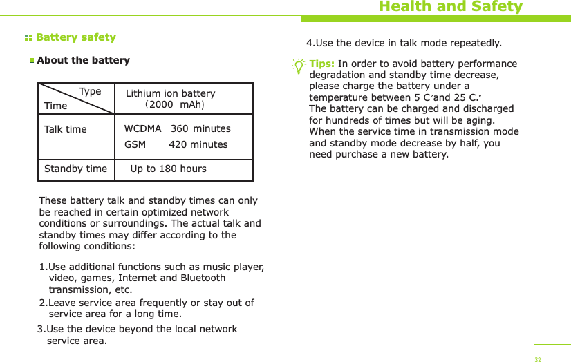 Battery safetyAbout the batteryHealth and SafetyTypeTimeTalk timeStandby timeLithium ion battery(  mAh)2000WCDMA    minutes360Up to 180 hoursThese battery talk and standby times can only be reached in certain optimized network conditions or surroundings. The actual talk and standby times may differ according to the following conditions:1.Use additional functions such as music player,    video, games, Internet and Bluetooth    transmission, etc.2.Leave service area frequently or stay out of    service area for a long time.3.Use the device beyond the local network    service area.4.Use the device in talk mode repeatedly.Tips: In order to avoid battery performance degradation and standby time decrease, please charge the battery under a temperature between 5 C and 25 C. The battery can be charged and discharged for hundreds of times but will be aging. When the service time in transmission mode and standby mode decrease by half, you need purchase a new battery. 32GSM       420 minutes
