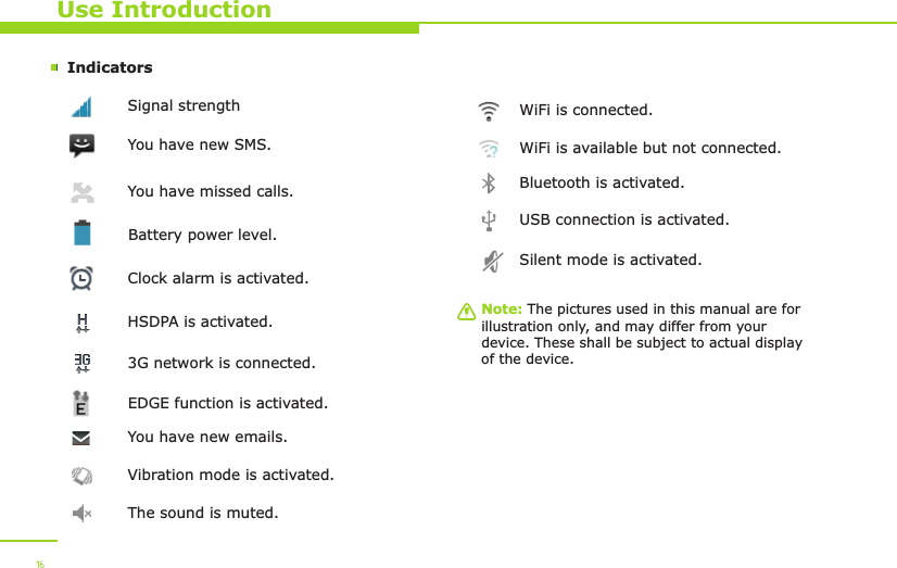 Indicators  WiFi is connected. USB connection is activated.WiFi is available but not connected.You have new emails.Bluetooth is activated.Vibration mode is activated. The sound is muted.HSDPA is activated.3G network is connected.Silent mode is activated.Use IntroductionSignal strength You have missed calls.You have new SMS.Note: The pictures used in this manual are for illustration only, and may differ from your device. These shall be subject to actual display of the device.Battery power level.Clock alarm is activated.EDGE function is activated.16