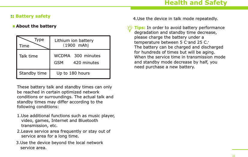 Battery safetyAbout the batteryHealth and SafetyTypeTimeTalk timeStandby timeLithium ion battery(  mAh)1900WCDMA   minutes 300Up to 180 hoursThese battery talk and standby times can only be reached in certain optimized network conditions or surroundings. The actual talk and standby times may differ according to the following conditions:1.Use additional functions such as music player,    video, games, Internet and Bluetooth    transmission, etc.2.Leave service area frequently or stay out of    service area for a long time.3.Use the device beyond the local network    service area.4.Use the device in talk mode repeatedly.Tips: In order to avoid battery performance degradation and standby time decrease, please charge the battery under a temperature between 5 C and 25 C. The battery can be charged and discharged for hundreds of times but will be aging. When the service time in transmission mode and standby mode decrease by half, you need purchase a new battery. 33GSM       420 minutes