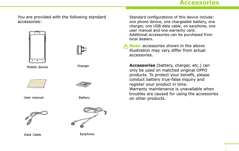     ChargerBattery  You are provided with the following standard accessories:Data Cable       Mobile deviceEarphoneAccessoriesUser manualNote: accessories shown in the above illustration may vary differ from actual accessories.Standard configurations of this device include: one phone device, one chargeable battery, one charger, one USB data cable, on earphone, one user manual and one warranty card.Additional accessories can be purchased from local dealers.Accessories (battery, charger, etc.) can only be used on matched original OPPO products. To protect your benefit, please conduct battery true-false inquiry and register your product in time. Warranty maintenance is unavailable when troubles are caused for using the accessories on other products.7