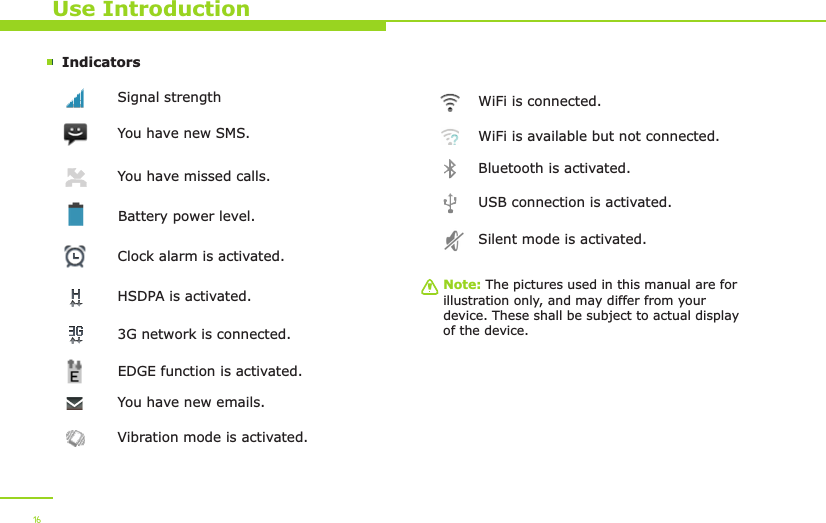 Indicators  WiFi is connected. USB connection is activated.WiFi is available but not connected.You have new emails.Bluetooth is activated.Vibration mode is activated. HSDPA is activated.3G network is connected.Silent mode is activated.Use IntroductionSignal strength You have missed calls.You have new SMS.Note: The pictures used in this manual are for illustration only, and may differ from your device. These shall be subject to actual display of the device.Battery power level.Clock alarm is activated.EDGE function is activated.16