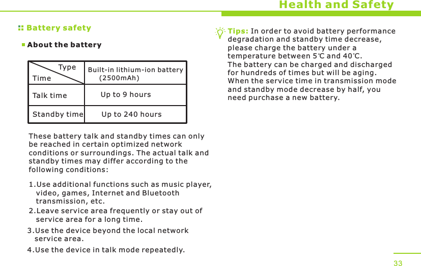 Battery safetyAbout the batteryHealth and SafetyTypeTimeTalk timeStandby timeBuilt-in lithium-ion battery     (2500mAh)Up to 9 hoursUp to 240 hoursThese battery talk and standby times can only be reached in certain optimized network conditions or surroundings. The actual talk and standby times may differ according to the following conditions:1.Use additional functions such as music player,    video, games, Internet and Bluetooth    transmission, etc.2.Leave service area frequently or stay out of    service area for a long time.3.Use the device beyond the local network    service area.4.Use the device in talk mode repeatedly.Tips: In order to avoid battery performance degradation and standby time decrease, please charge the battery under a temperature between 5 C and 40 C. The battery can be charged and discharged for hundreds of times but will be aging. When the service time in transmission mode and standby mode decrease by half, you need purchase a new battery. 33