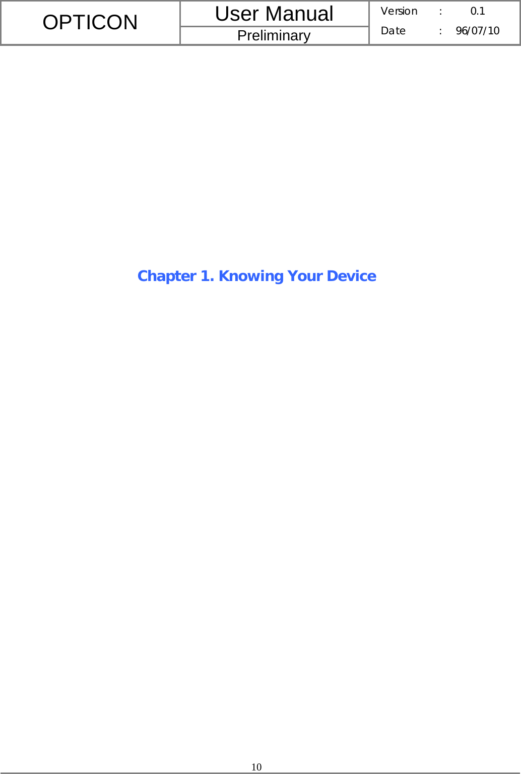 User Manual OPTICON Preliminary Version :  0.1 Date : 96/07/10  10             Chapter 1. Knowing Your Device 