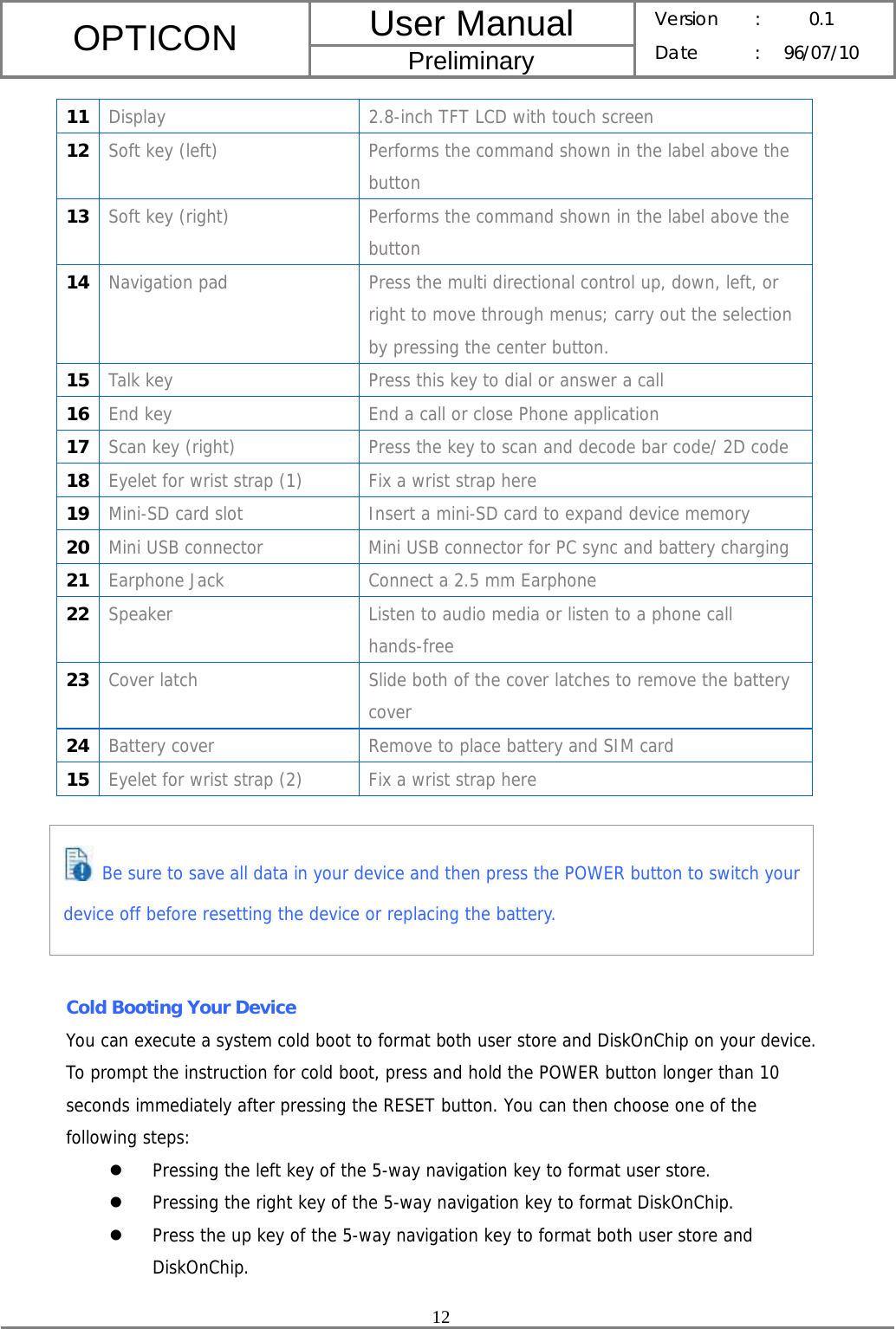 User Manual OPTICON Preliminary Version :  0.1 Date : 96/07/10  12  11  Display  2.8-inch TFT LCD with touch screen 12  Soft key (left)  Performs the command shown in the label above the button 13  Soft key (right)  Performs the command shown in the label above the button 14  Navigation pad  Press the multi directional control up, down, left, or right to move through menus; carry out the selection by pressing the center button. 15  Talk key  Press this key to dial or answer a call 16  End key  End a call or close Phone application 17  Scan key (right)  Press the key to scan and decode bar code/ 2D code 18  Eyelet for wrist strap (1)  Fix a wrist strap here 19  Mini-SD card slot  Insert a mini-SD card to expand device memory 20  Mini USB connector  Mini USB connector for PC sync and battery charging 21  Earphone Jack  Connect a 2.5 mm Earphone 22  Speaker  Listen to audio media or listen to a phone call hands-free 23  Cover latch  Slide both of the cover latches to remove the battery cover 24  Battery cover  Remove to place battery and SIM card 15  Eyelet for wrist strap (2)  Fix a wrist strap here       Cold Booting Your Device You can execute a system cold boot to format both user store and DiskOnChip on your device. To prompt the instruction for cold boot, press and hold the POWER button longer than 10 seconds immediately after pressing the RESET button. You can then choose one of the following steps: z Pressing the left key of the 5-way navigation key to format user store. z Pressing the right key of the 5-way navigation key to format DiskOnChip. z Press the up key of the 5-way navigation key to format both user store and DiskOnChip.  Be sure to save all data in your device and then press the POWER button to switch your device off before resetting the device or replacing the battery. 