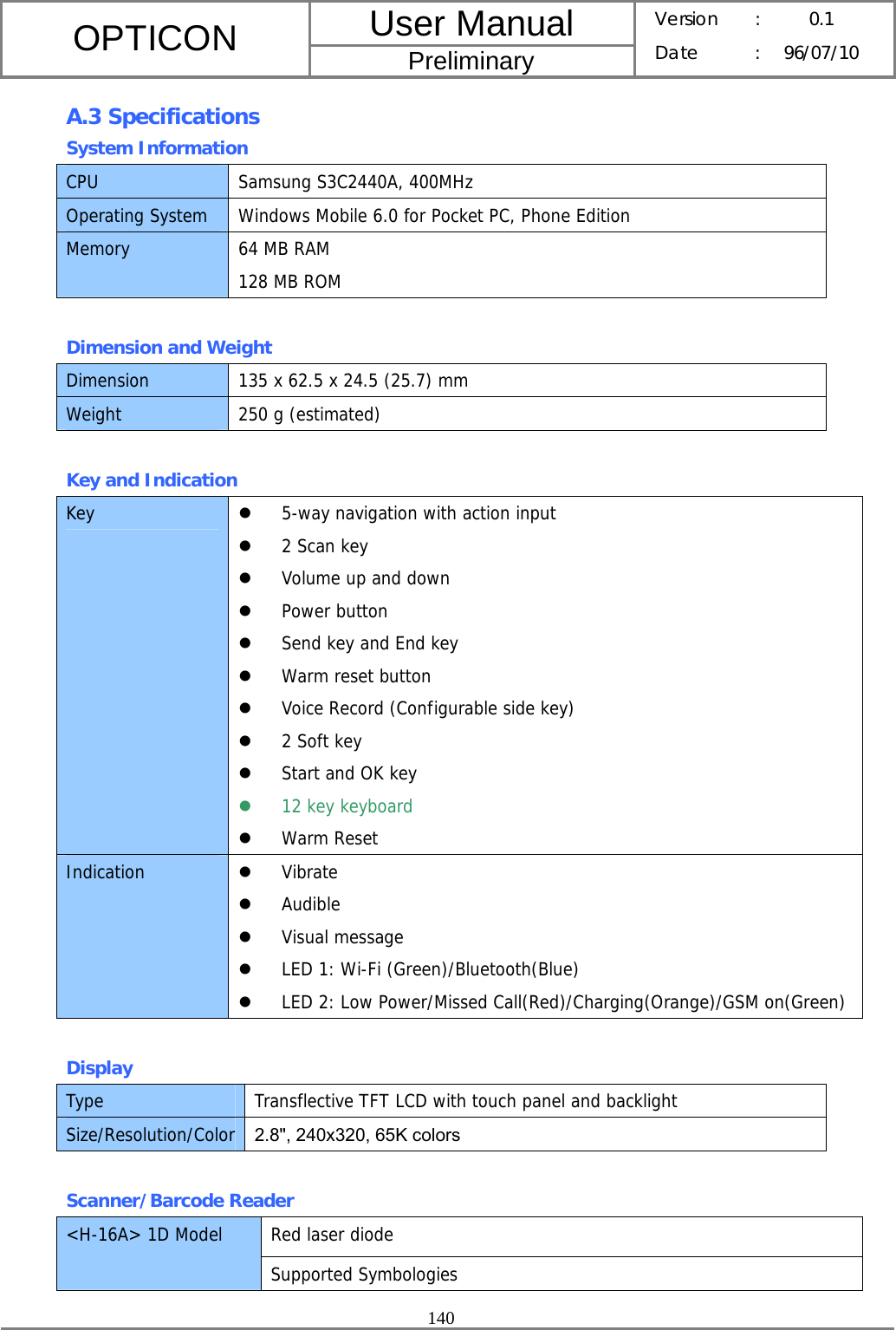 User Manual OPTICON Preliminary Version :  0.1 Date : 96/07/10  140  A.3 Specifications System Information CPU  Samsung S3C2440A, 400MHz Operating System  Windows Mobile 6.0 for Pocket PC, Phone Edition Memory  64 MB RAM 128 MB ROM  Dimension and Weight Dimension  135 x 62.5 x 24.5 (25.7) mm Weight  250 g (estimated)  Key and Indication Key  z 5-way navigation with action input z 2 Scan key z Volume up and down z Power button z Send key and End key z Warm reset button z Voice Record (Configurable side key) z 2 Soft key z Start and OK key z 12 key keyboard z Warm Reset Indication  z Vibrate z Audible z Visual message z LED 1: Wi-Fi (Green)/Bluetooth(Blue) z LED 2: Low Power/Missed Call(Red)/Charging(Orange)/GSM on(Green)  Display Type  Transflective TFT LCD with touch panel and backlight Size/Resolution/Color 2.8&quot;, 240x320, 65K colors  Scanner/Barcode Reader Red laser diode &lt;H-16A&gt; 1D Model Supported Symbologies 