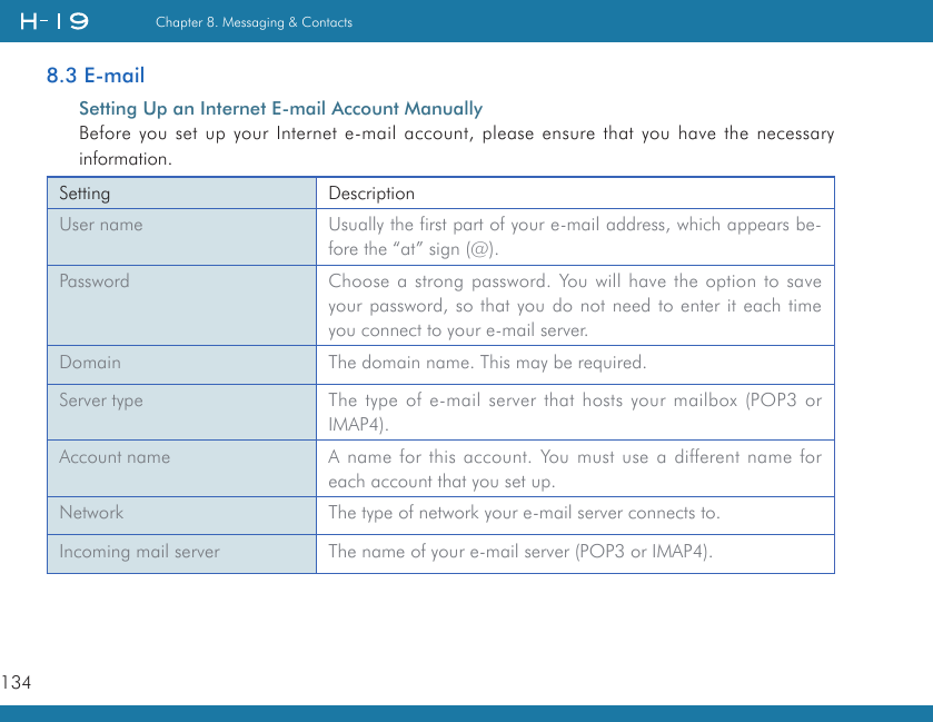 134Chapter 8. Messaging &amp; ContactsSetting DescriptionUser name Usually the first part of your e-mail address, which appears be-fore the “at” sign (@).Password Choose a strong password. You will have the option to save your password, so that you do not need to enter it each time you connect to your e-mail server.Domain The domain name. This may be required.Server type The type of e-mail server that hosts your mailbox (POP3 or IMAP4).Account name A name for this account. You must use a different name for each account that you set up.Network The type of network your e-mail server connects to.Incoming mail server The name of your e-mail server (POP3 or IMAP4).8.3 E-mailSetting Up an Internet E-mail Account ManuallyBefore you set up your Internet e-mail account, please ensure that you have the necessary information.