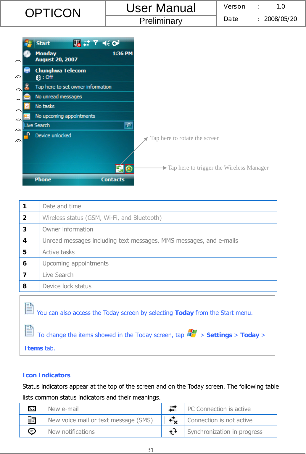 User Manual OPTICON Preliminary Version :  1.0 Date : 2008/05/20  31      1  Date and time 2  Wireless status (GSM, Wi-Fi, and Bluetooth) 3  Owner information 4  Unread messages including text messages, MMS messages, and e-mails 5  Active tasks 6  Upcoming appointments 7  Live Search 8  Device lock status        Icon Indicators Status indicators appear at the top of the screen and on the Today screen. The following table lists common status indicators and their meanings.    New e-mail  PC Connection is active  New voice mail or text message (SMS)  Connection is not active  New notifications  Synchronization in progress   You can also access the Today screen by selecting Today from the Start menu.  To change the items showed in the Today screen, tap   &gt; Settings &gt; Today &gt; Items tab. Tap here to rotate the screen Tap here to trigger the Wireless Manager ①②③④⑤⑦⑥⑧