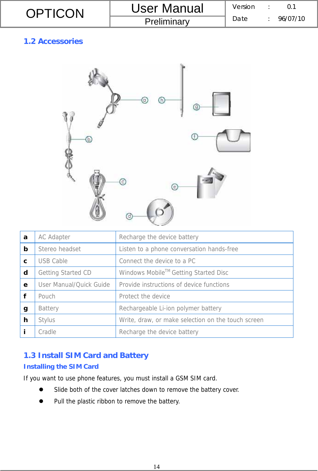 User Manual OPTICON Preliminary Version :  0.1 Date : 96/07/10  14  1.2 Accessories   a  AC Adapter  Recharge the device battery b  Stereo headset  Listen to a phone conversation hands-free c  USB Cable  Connect the device to a PC d  Getting Started CD Windows MobileTM Getting Started Disc e  User Manual/Quick Guide  Provide instructions of device functions f  Pouch  Protect the device g  Battery  Rechargeable Li-ion polymer battery h  Stylus  Write, draw, or make selection on the touch screen i  Cradle  Recharge the device battery  1.3 Install SIM Card and Battery Installing the SIM Card If you want to use phone features, you must install a GSM SIM card. z Slide both of the cover latches down to remove the battery cover. z Pull the plastic ribbon to remove the battery. 