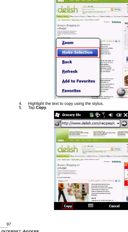 Internet Access974. Highlight the text to copy using the stylus.5. Tap Copy.