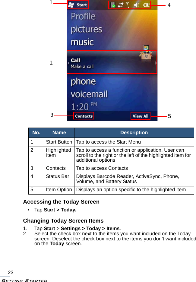 Getting Started23Accessing the Today Screen•Tap Start &gt; Today.Changing Today Screen Items1. Tap Start &gt; Settings &gt; Today &gt; Items.2. Select the check box next to the items you want included on the Today screen. Deselect the check box next to the items you don’t want included on the Today screen.No. Name Description1 Start Button Tap to access the Start Menu2 Highlighted Item Tap to access a function or application. User can scroll to the right or the left of the highlighted item for additional options3 Contacts Tap to access Contacts4 Status Bar Displays Barcode Reader, ActiveSync, Phone, Volume, and Battery Status5 Item Option Displays an option specific to the highlighted item12345