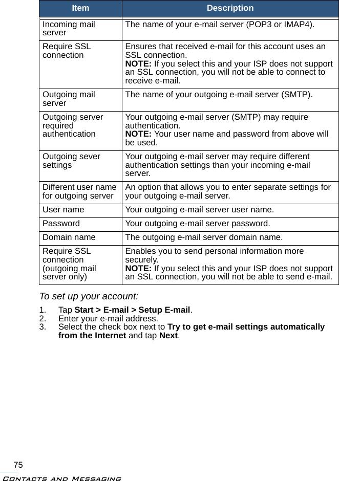 Contacts and Messaging75To set up your account:1. Tap Start &gt; E-mail &gt; Setup E-mail.2. Enter your e-mail address.3. Select the check box next to Try to get e-mail settings automatically from the Internet and tap Next.Incoming mail server The name of your e-mail server (POP3 or IMAP4).Require SSL connection Ensures that received e-mail for this account uses an SSL connection. NOTE: If you select this and your ISP does not support an SSL connection, you will not be able to connect to receive e-mail.Outgoing mail server The name of your outgoing e-mail server (SMTP).Outgoing server required authenticationYour outgoing e-mail server (SMTP) may require authentication. NOTE: Your user name and password from above will be used.Outgoing sever settings Your outgoing e-mail server may require different authentication settings than your incoming e-mail server.Different user name for outgoing server An option that allows you to enter separate settings for your outgoing e-mail server.User name Your outgoing e-mail server user name.Password Your outgoing e-mail server password.Domain name The outgoing e-mail server domain name.Require SSL connection (outgoing mail server only)Enables you to send personal information more securely. NOTE: If you select this and your ISP does not support an SSL connection, you will not be able to send e-mail.Item Description