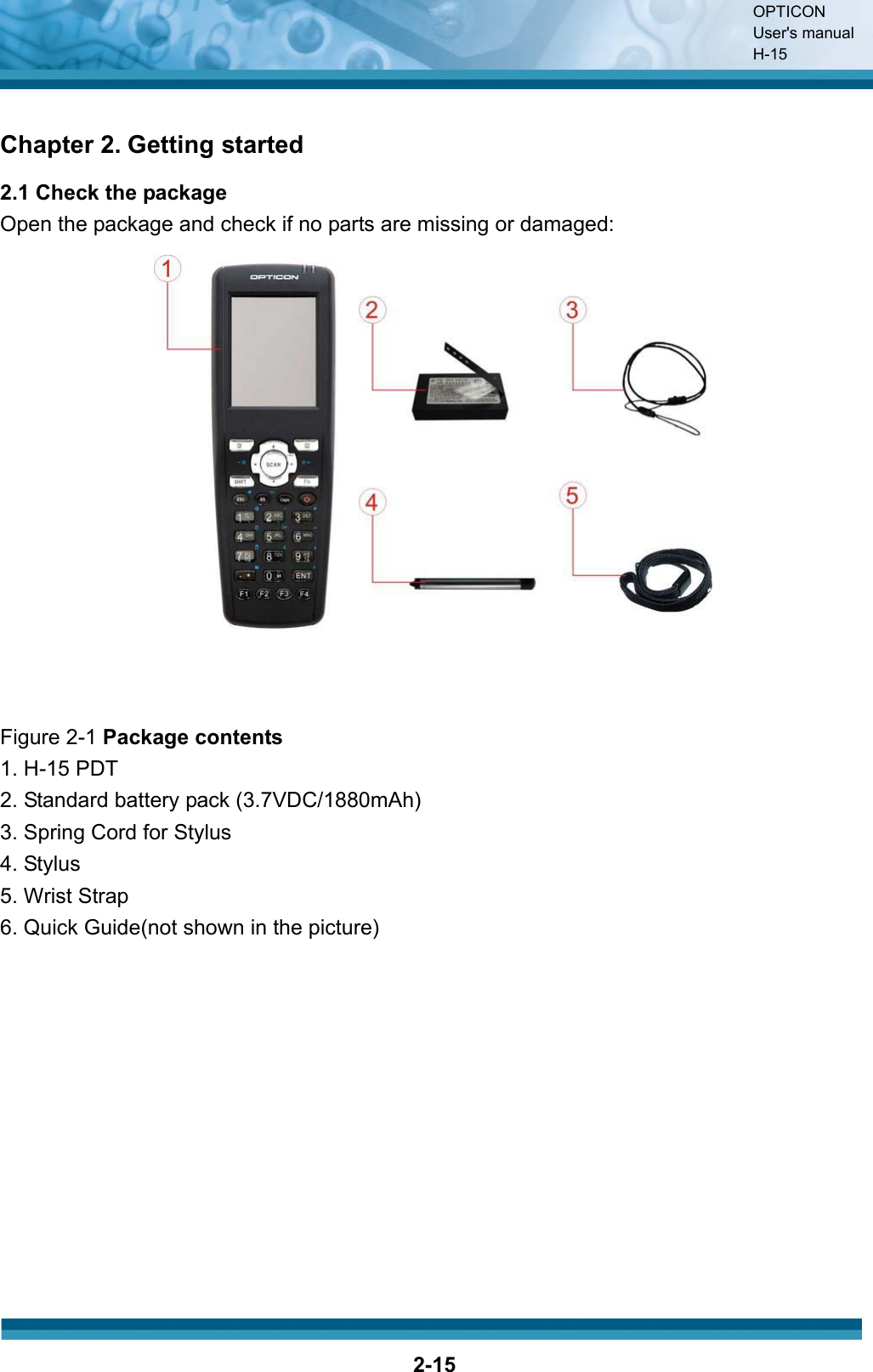 OPTICON User&apos;s manual H-152-15Chapter 2. Getting started 2.1 Check the package Open the package and check if no parts are missing or damaged: Figure 2-1 Package contents1. H-15 PDT2. Standard battery pack (3.7VDC/1880mAh) 3. Spring Cord for Stylus 4. Stylus 5. Wrist Strap 6. Quick Guide(not shown in the picture) 