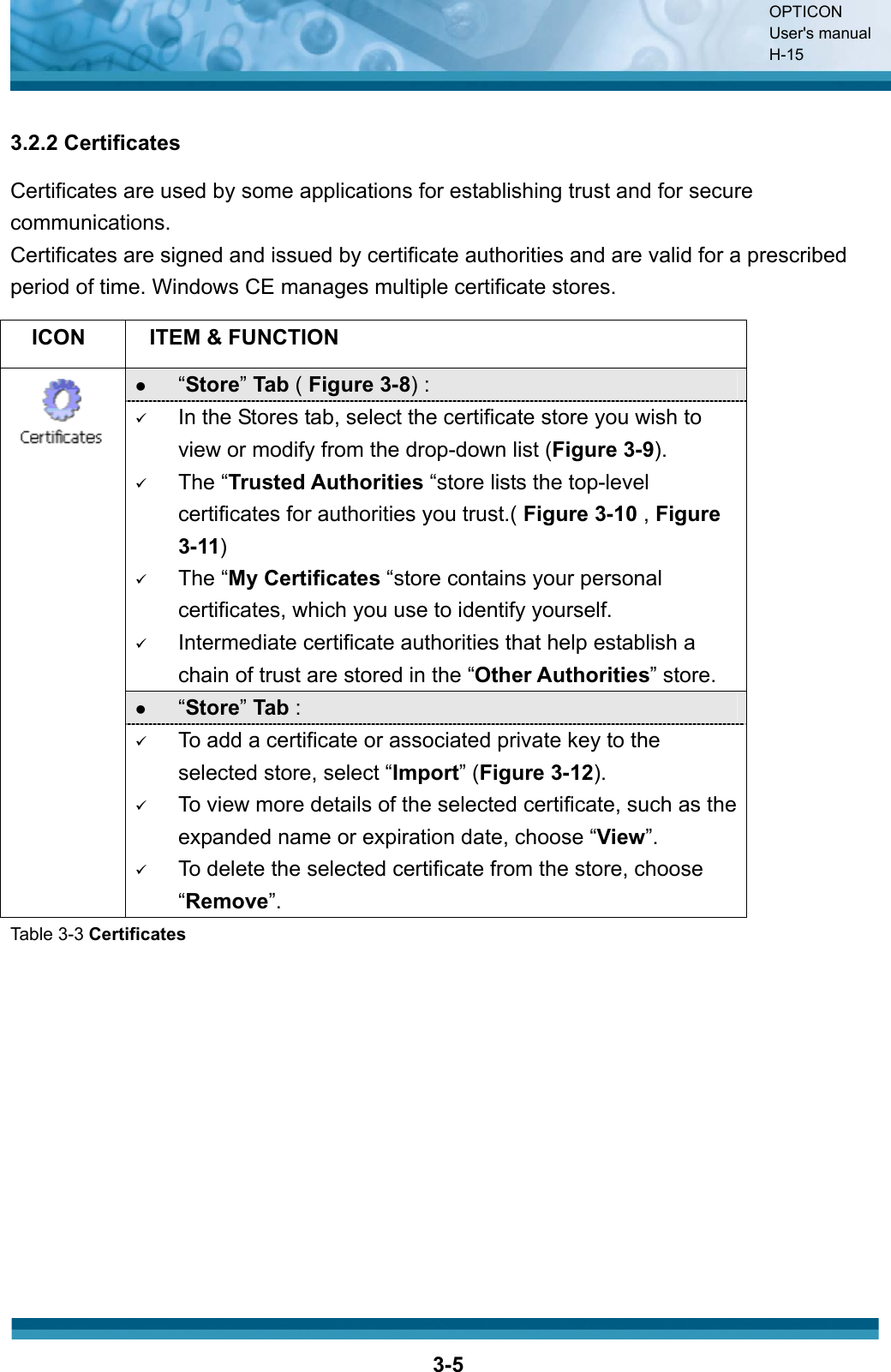 OPTICON User&apos;s manual H-153-53.2.2 Certificates Certificates are used by some applications for establishing trust and for secure communications.Certificates are signed and issued by certificate authorities and are valid for a prescribed period of time. Windows CE manages multiple certificate stores. ICON ITEM &amp; FUNCTION z“Store”Tab ( Figure 3-8) : 9In the Stores tab, select the certificate store you wish to view or modify from the drop-down list (Figure 3-9).9The “Trusted Authorities “store lists the top-level certificates for authorities you trust.( Figure 3-10 ,Figure3-11)9The “My Certificates “store contains your personal certificates, which you use to identify yourself. 9Intermediate certificate authorities that help establish a chain of trust are stored in the “Other Authorities” store.z“Store”Tab : 9To add a certificate or associated private key to the selected store, select “Import” (Figure 3-12).9To view more details of the selected certificate, such as the expanded name or expiration date, choose “View”.9To delete the selected certificate from the store, choose “Remove”.Table 3-3 Certificates 